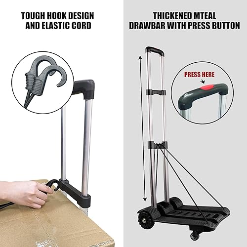 Miniatura 5 de Camión de mano plegable, carrito ligero de aluminio con 2 ruedas delanteras giratorias completas y 2 ruedas traseras de tanque, carrito de equipaje