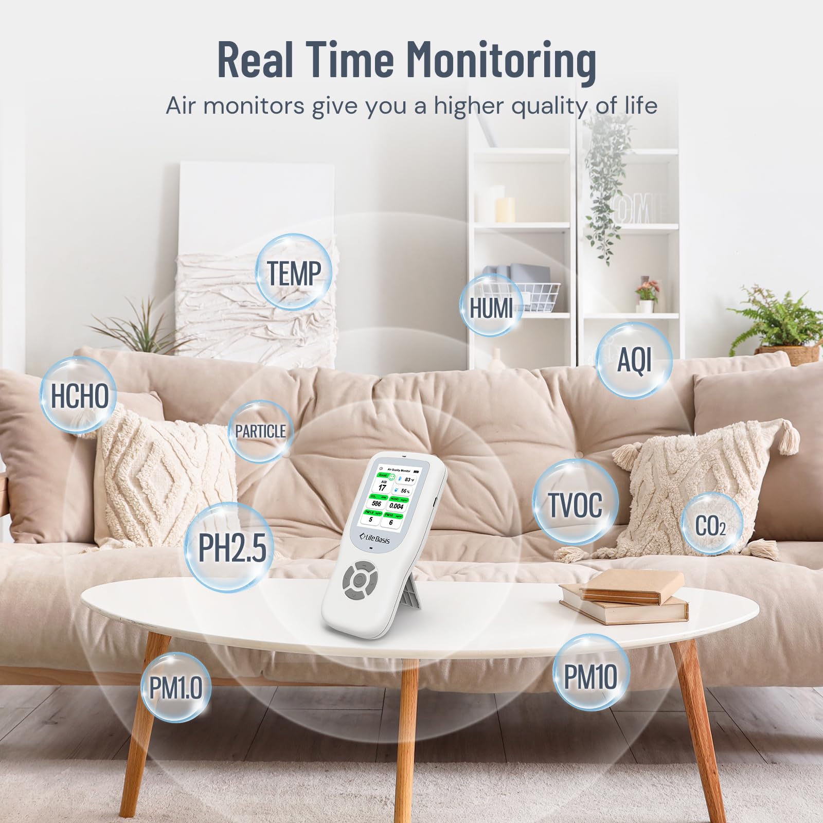 LifeBasis 10 in 1 Raumluftqualitätsdetektor Formaldehyd-Detektor AQI-Verschmutzungsmonitor PM2.5/PM10/HCHO/TVOC/CO2 Temperatur Luftfeuchtigkeit USB Aufladbar