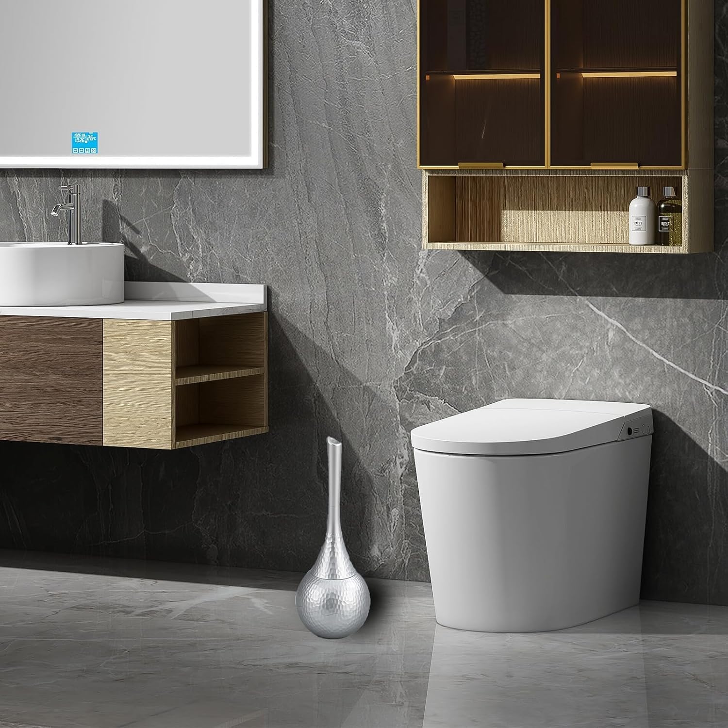 Silver Toilet Brush and Holder Set, Brushed Nickel Modern Bathroom Brush with Anti-Splash Shield 360° Cleaning, ABS Plastic Rust-Proof Waterproof Toilet Bowl Cleaner for Home Spa image 3