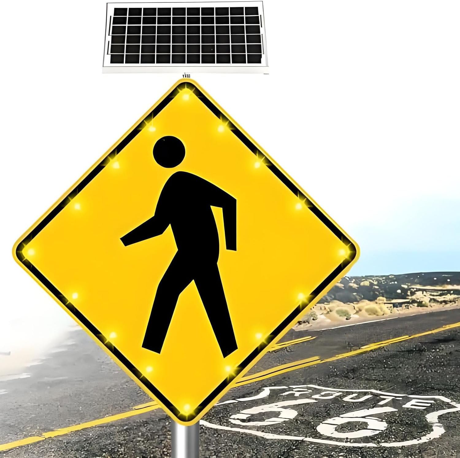 24in Solar Powered LED Flashing Pedestrian Crossing Sign with Reflective Film & Mounting Accessories - Ideal for Parks, Schools & Safety Zones