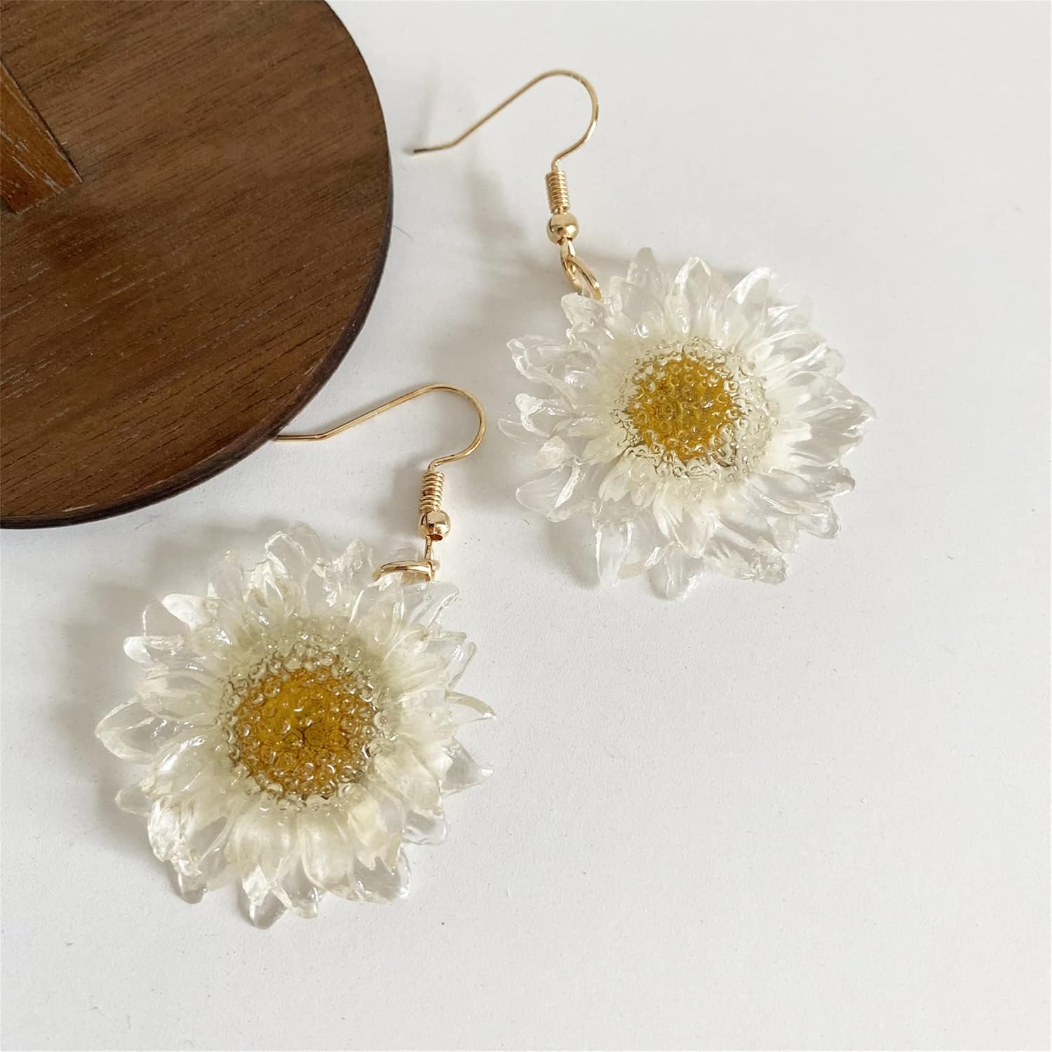 Dainty Handmade Bohemian Multi-Colored Pressed Sunflower Dried Hook Earring Boho Round Circle Resin White Daisy Flower Floral Dangle Drop Earrings for Women Statement Charm Jewelry Gifts - Image 3