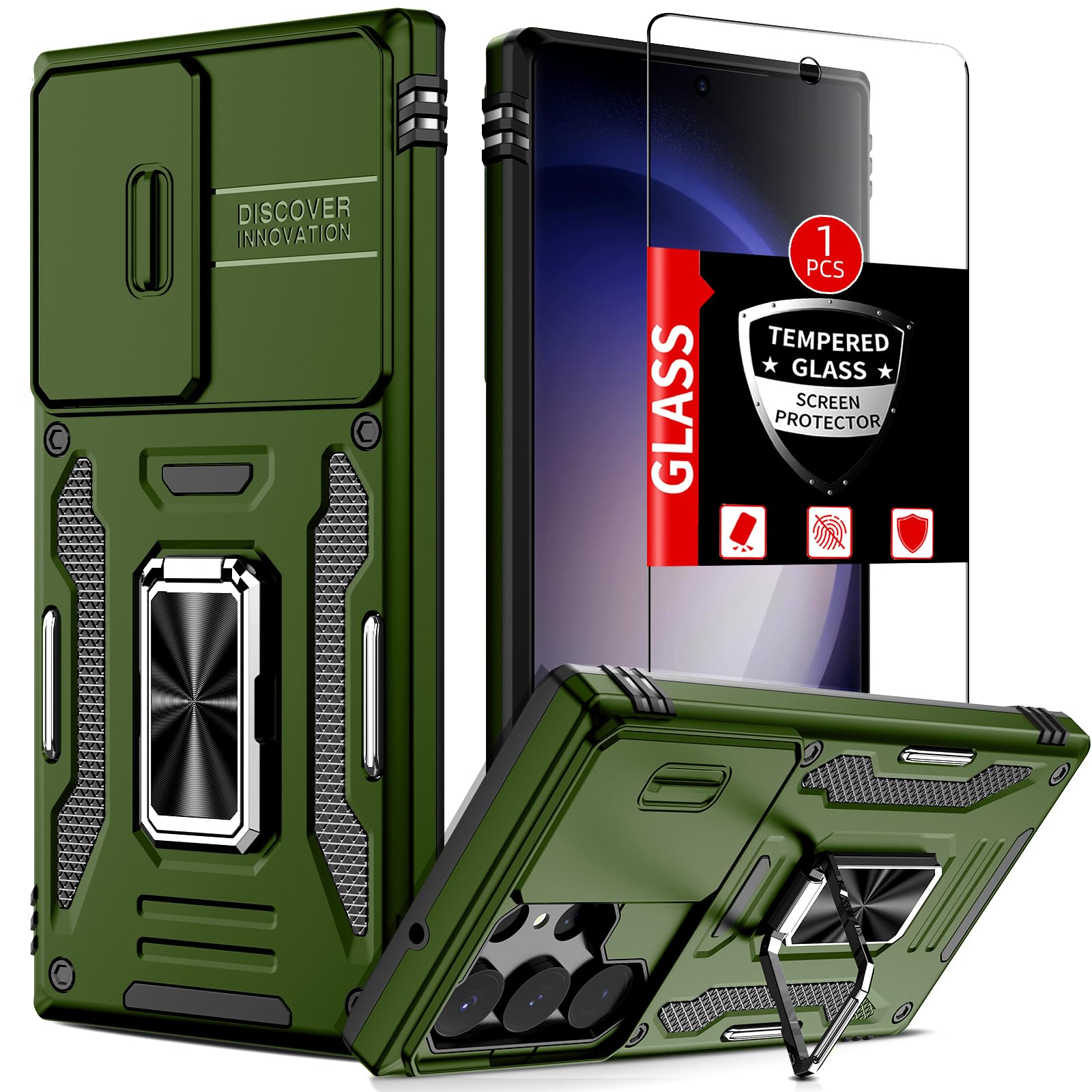Coque Samsung S23 Ultra antichoc vert avec protège-écran et support - 8