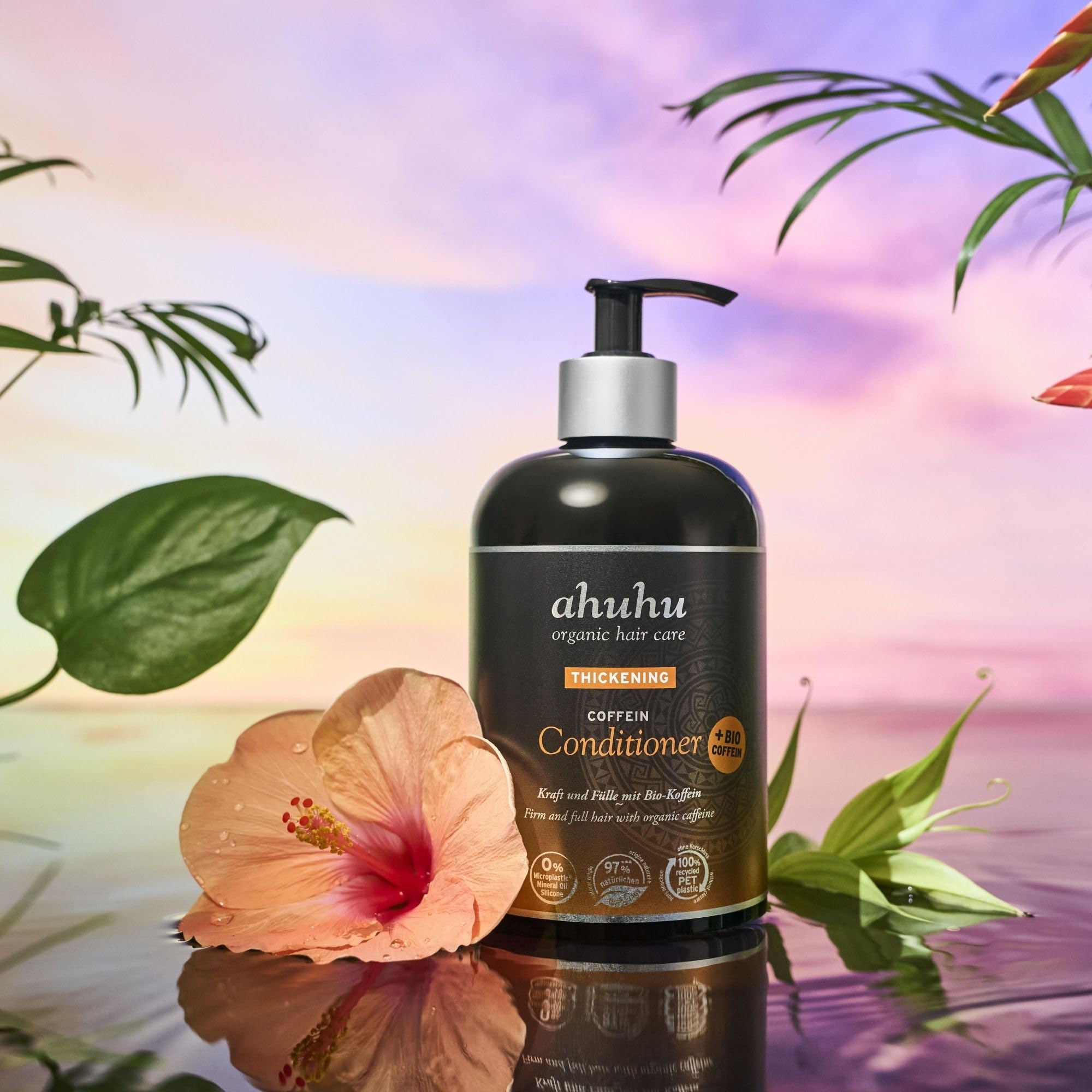 ahuhu Thickening Après-Shampoing Caféine Bio Format XXL (500 ml) | Shampoing à la caféine bio pour des cheveux épais et revitalisés, décolle les racines et apporte un volume instantané