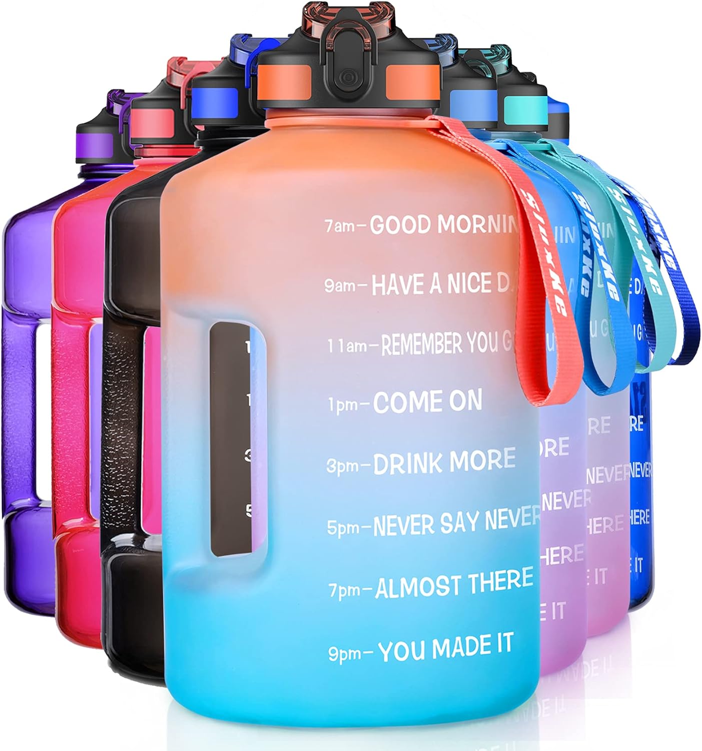 Gallon Water Bottle Jug with Straw BPA Free, 128oz Sport Water Jug with Time Marker and Handle Click Pop Up Drinking Bottles