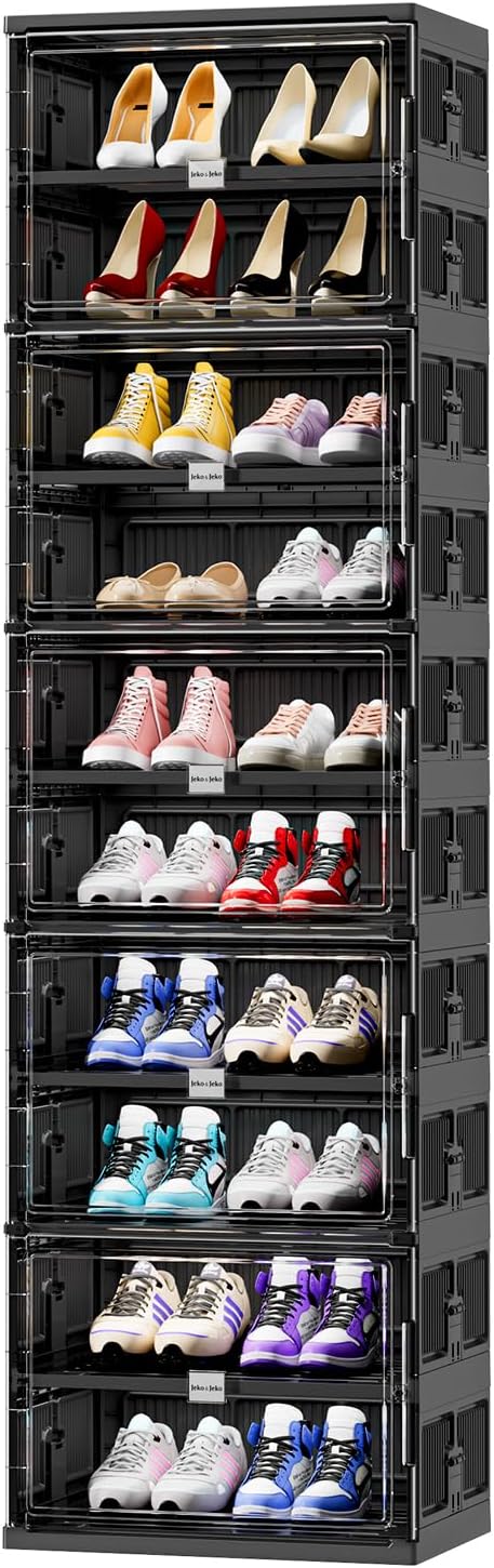 JEKO&JEKO 9 Tiers Foldable Boot Storage Shoe Rack Cabinet for Closet Entryway, Large Collapsible Shoe Organizer with Magnetic Doors (Black)