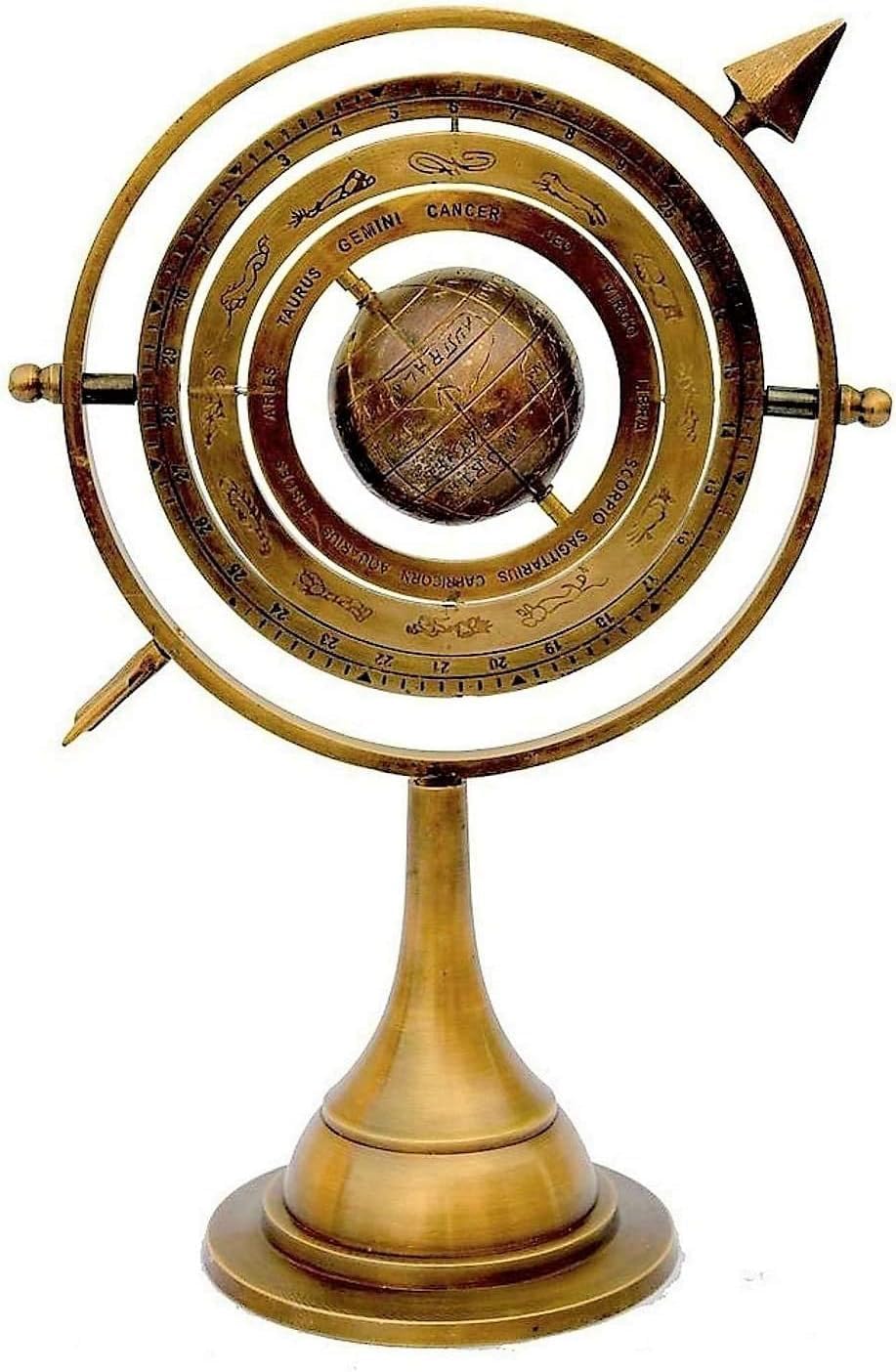 Antique Brass Armillary Sphere Globe – 11 Inch Decorative Astronomical Model with Arrow | Vintage Nautical Desk & Home Décor | Brass Celestial Globe
