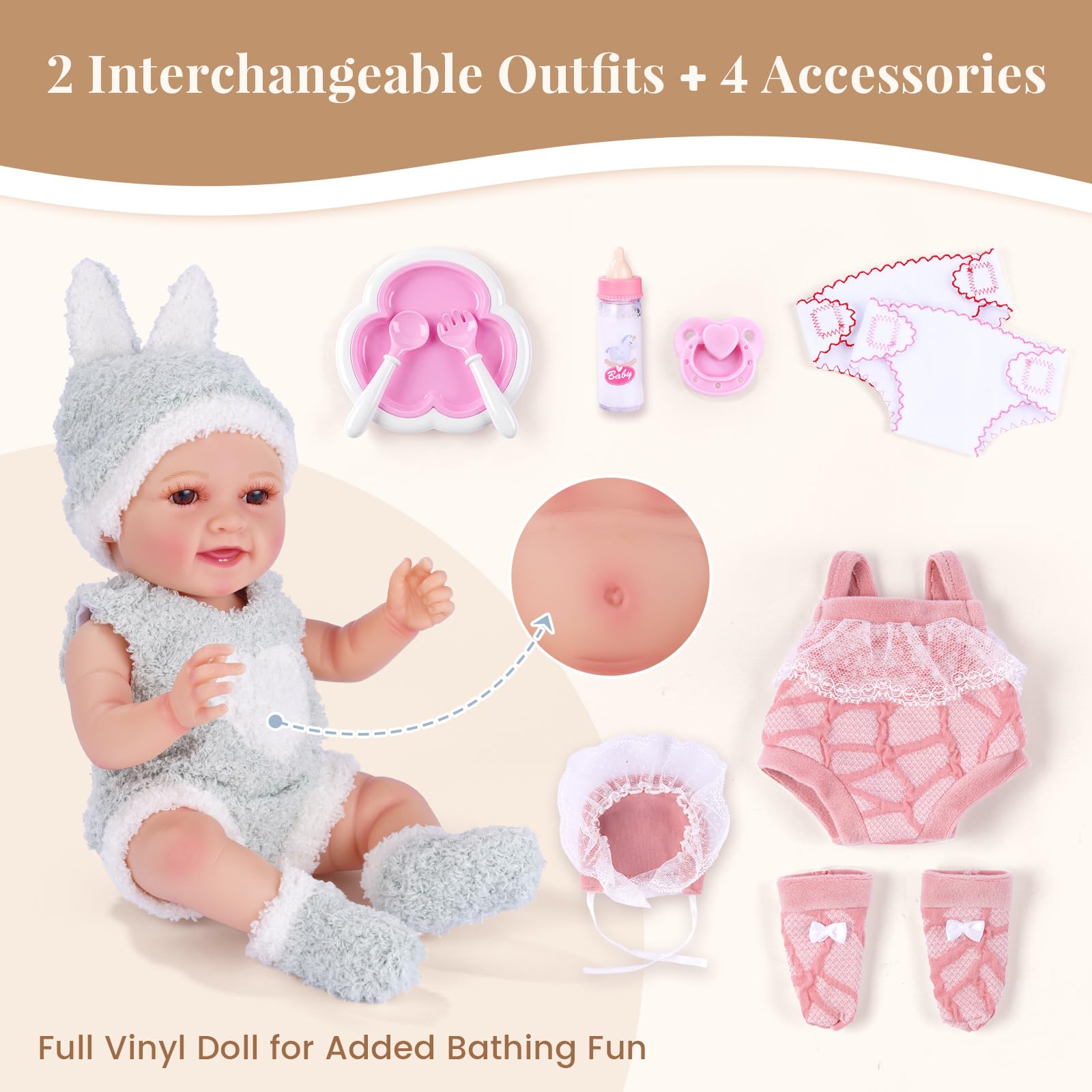 BABESIDE Baby Doll Girl Mia 12 Inch With Feeding Accessories Set and Two Replaceable Clothes Babies Dolls Toy for Boys & Girls Aged 3 Years + - Image 3