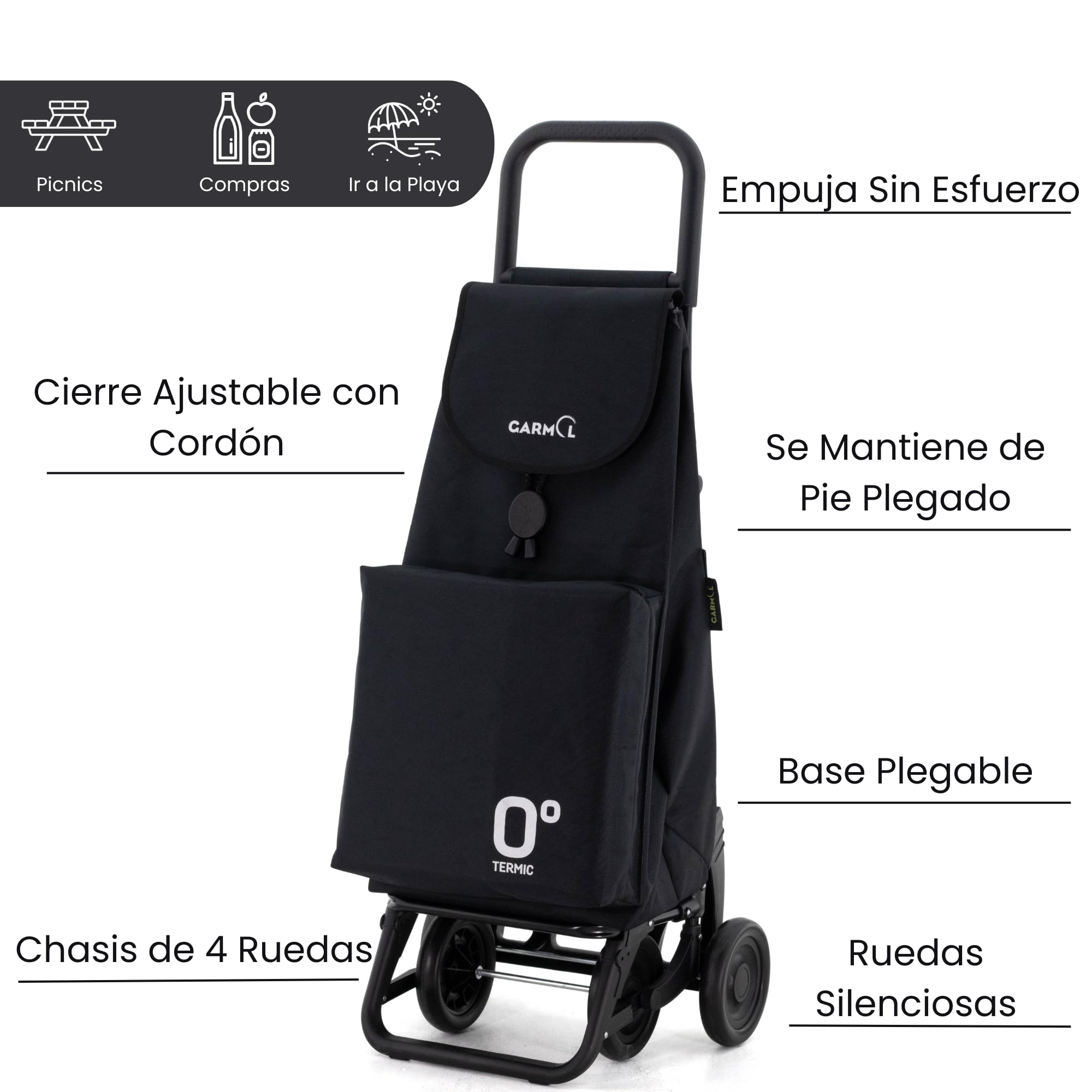 GARMOL Carro de la Compra Térmico Plegable 55 Litros |Bolsillo Térmico Interior de 11 Litros | Carro de la Compra 4 Ruedas Gran Capacidad | Carrito Compra Plegable Color Negro