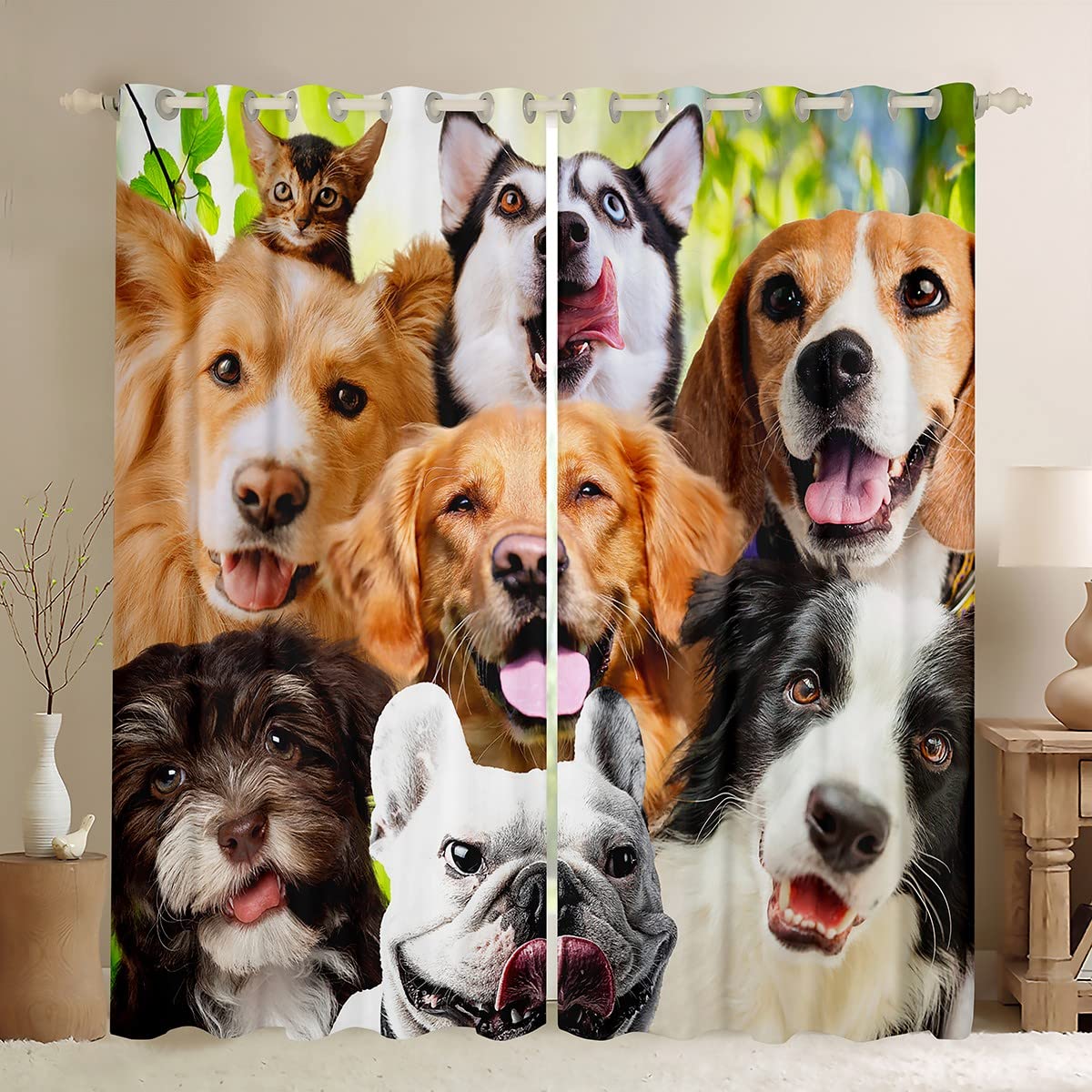 Loussiesd Cute Dog Curtain Kids Cartoon Dogs Window Curtains for Bedroom Living Room Toddler Children Lovely Cat Pet Puppy Window Drapes Kawaii Animal Window Treatments,W46*L54