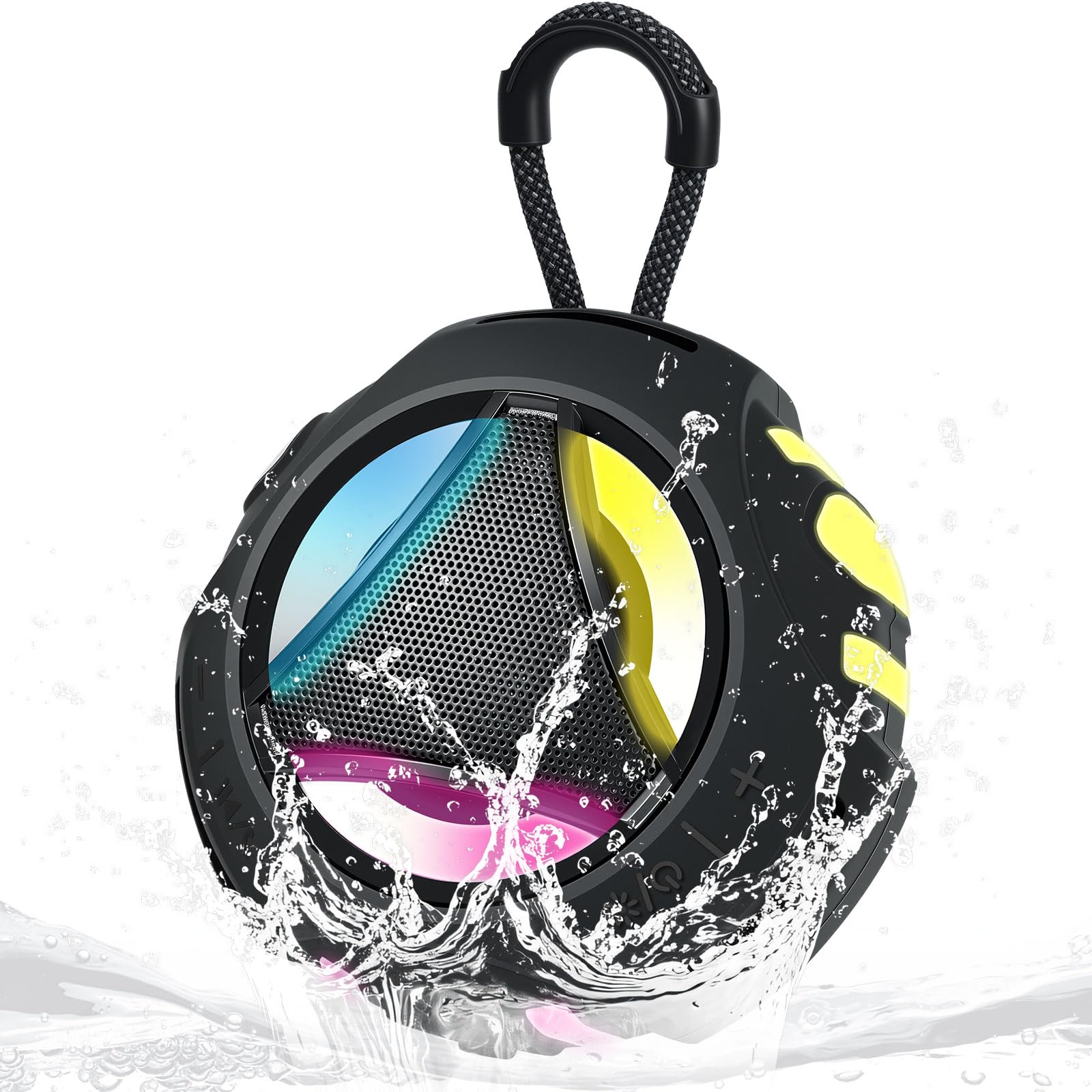 Bluetooth Shower Speaker Waterproof, Portable Bluetooth Speakers Wireless, Outdoor, Floating IPX7, Built-in Mic, 24H Playtime with LED Lights, Loud HD Sound, Powerful Bass, Gifts for Unisex - Black
