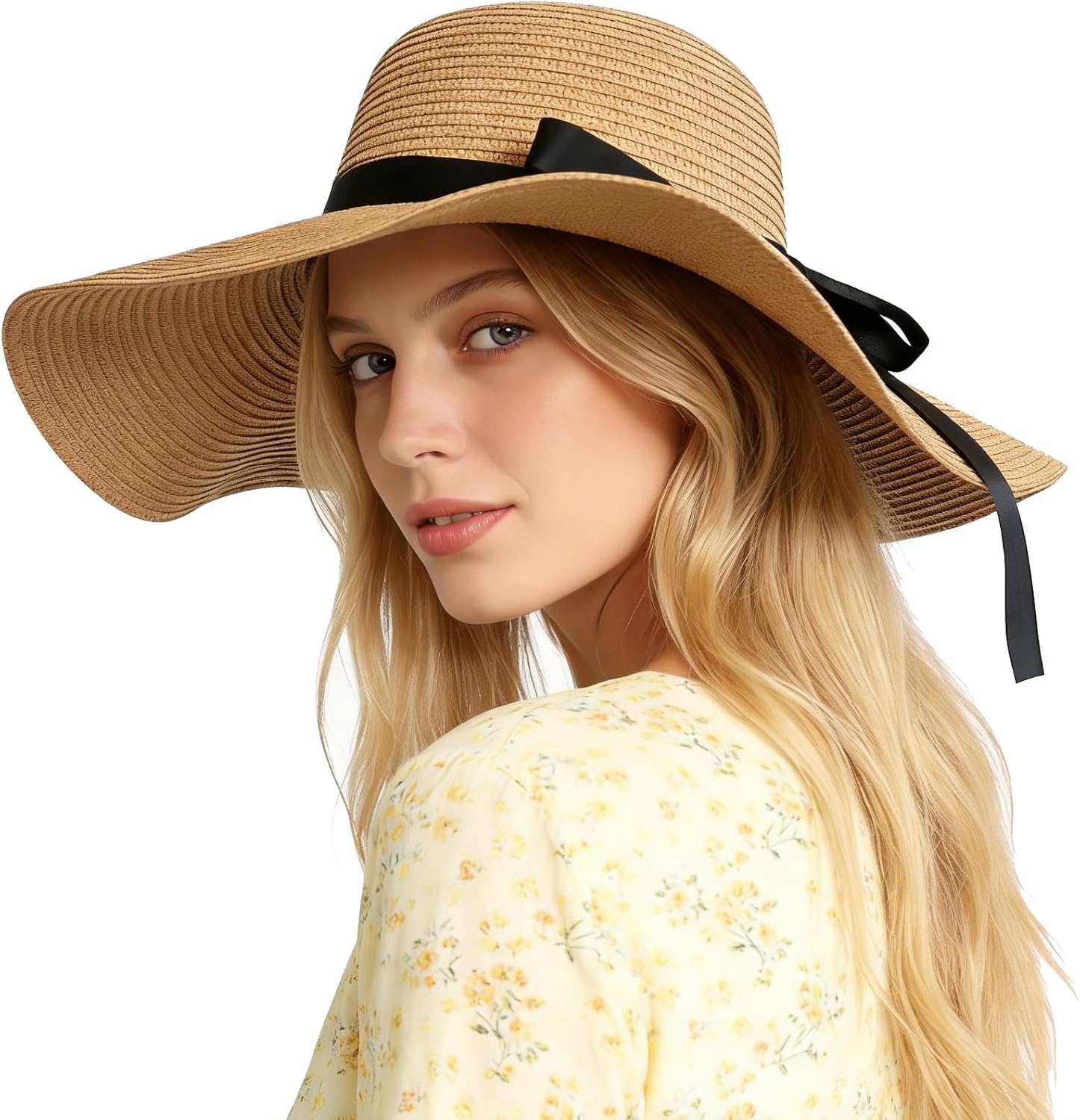 Womens Wide Brim Straw Sun Hat UPF 50+ UV Protection Foldable Summer Beach Travel Hat