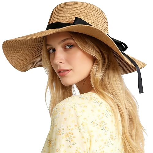 Womens Wide Brim Straw Sun Hat UPF 50+ UV Protection Foldable Summer Beach Travel Hat Khaki
