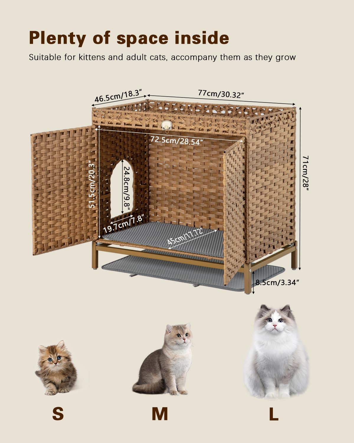 Cat Litter Box Enclosure; Cat Litter Box Enclosure Furniture with Cat Litter Mat;Handwoven Rattan Cat House with Metal Heightened Feet;30.3×18.3×28 Inches;Living Room, Bedroom-Natural