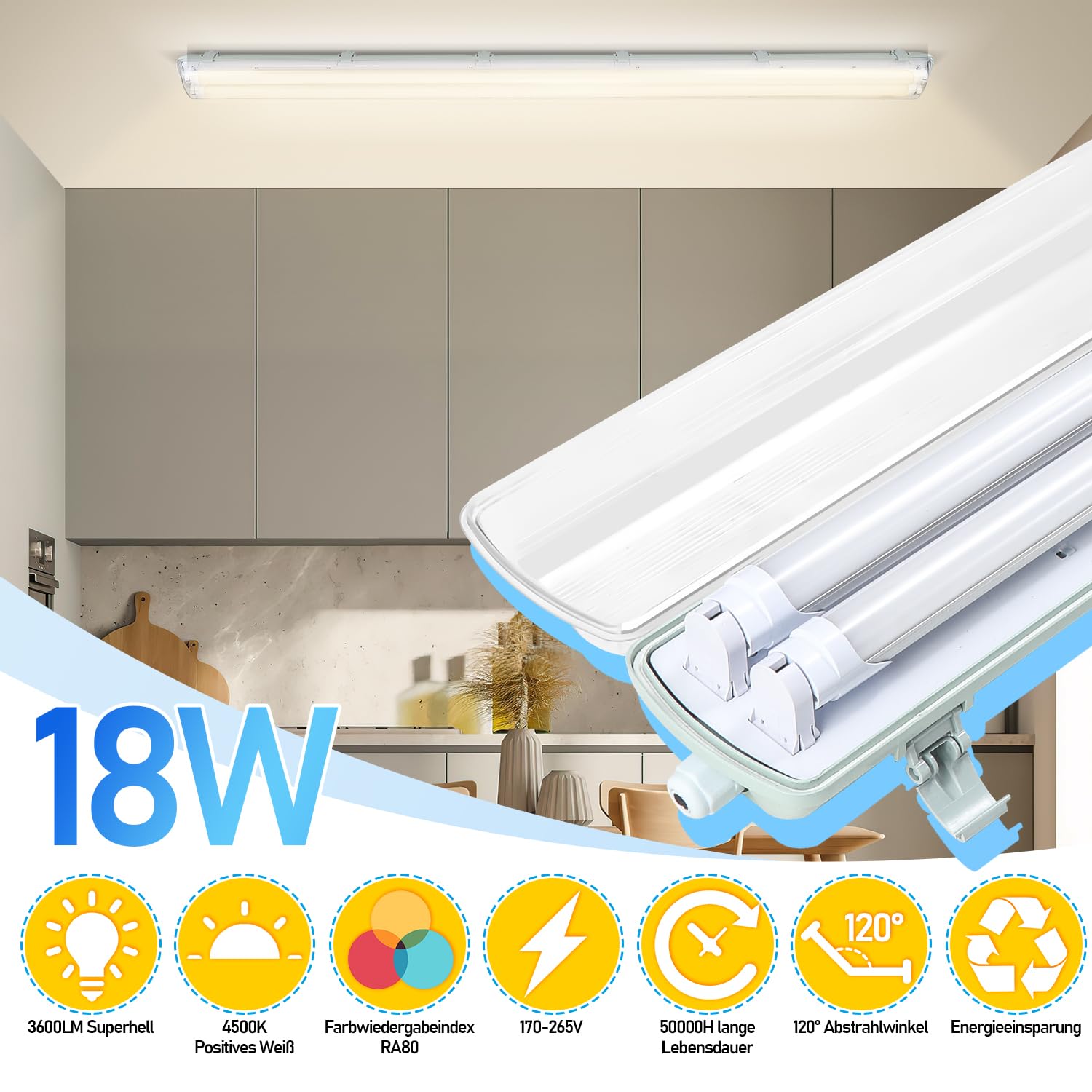 Reglette LED 120CM luz de bañera 18W antihumedad, blanco neutro 4500K, 1800lm lámpara fluorescente Impermeable IP65 luz de día iluminación de taller (4 piezas, 2x tubo T8)