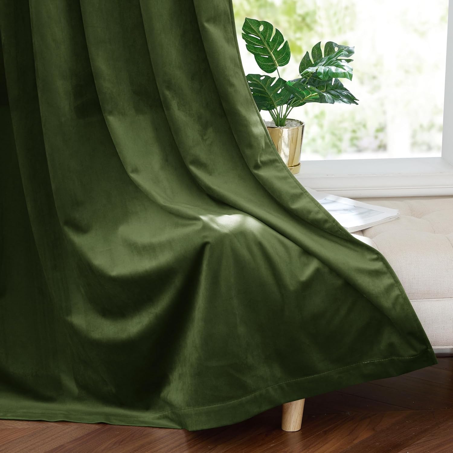 StangH 100% Blackout Green Curtains 96 inches Moss Green Velvet Curtain Panels Thermal Insulated Privacy Window Drapes for Bedroom, Christmas Home Decor, W52xL96, 2 Panels