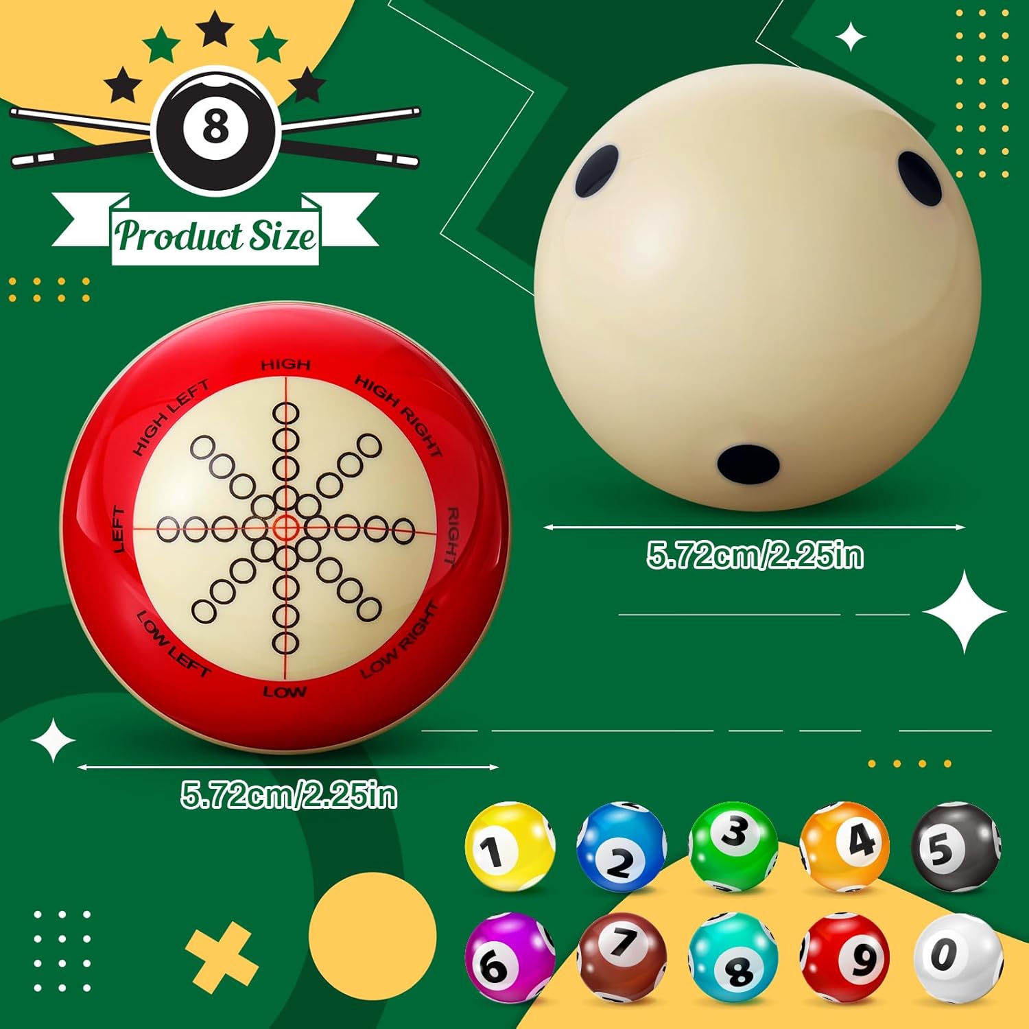 Gemscream 2 Pcs Billiards Cue Ball with Dots Practice Training Artifact Regulation Size 2-1/4" Training Pool Balls for Sports Billiard Table Accessories Games