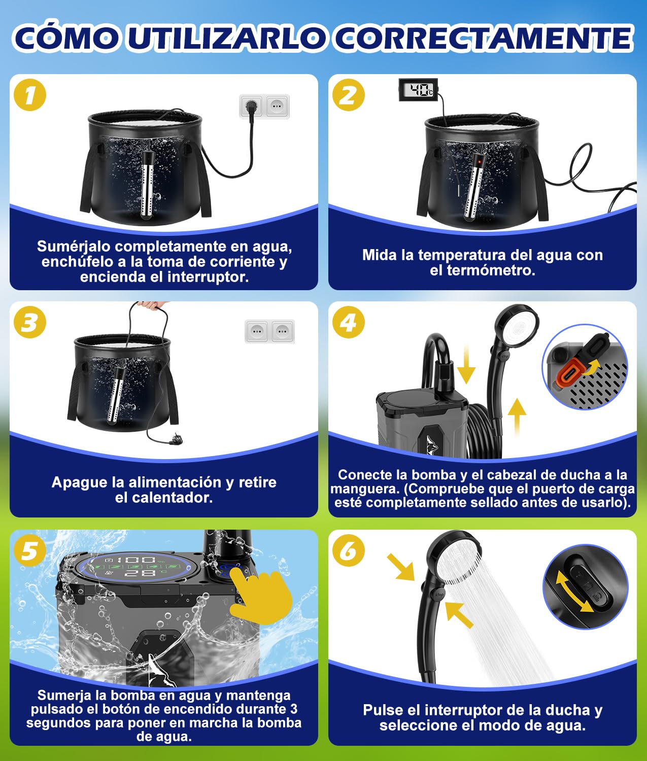 WADEO Ducha portátil de Camping con batería de 6000 mAh, Bomba y función de Calentamiento, depósito de Agua Plegable de 20 litros, indicador de Temperatura LED, para Acampada, Viajes y jardín | Uso en camping, Con bomba incluida