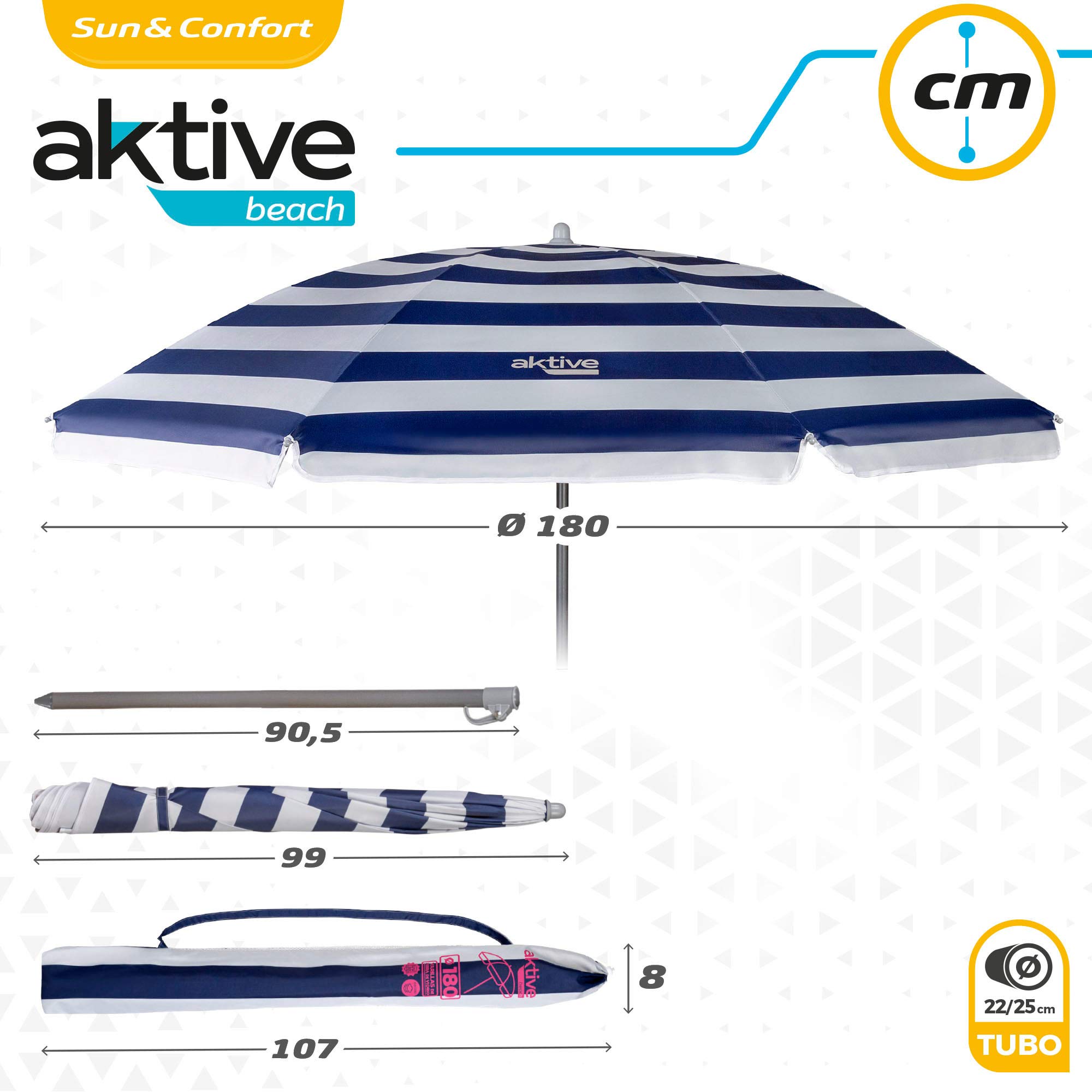 Aktive 62223 - Sombrilla de playa, Ø180 cm, con protección UV filtro 50, mástil Ø22-25 mm, incluye bolsa para transportarla, Sombrilla playa plegable, estampado a rayas marineras, Aktive Beach,