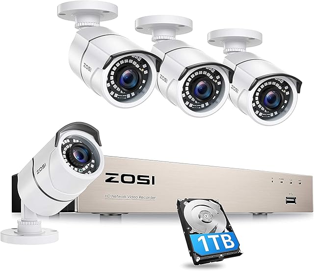 ZOSI 8CH PoE CCTV Security Camera System, 5MP H.265+ NVR with 1TB Hard Drive, 4x5MP Outdoor Metal PoE IP Cameras, 120ft Night Vision, Motion Detection, Remote Access, IP67 Waterproof
