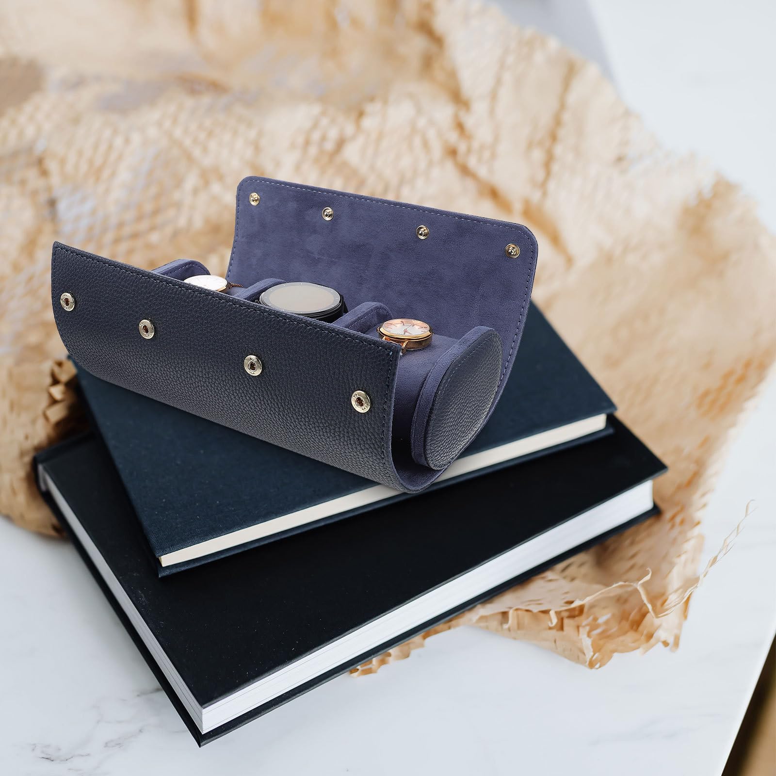ifundom Caja Organizadora para Relojes 3 Posiciones de Pu Azul Interior de Terciopelo, Estuche Protector Anti Polvo para Guardar Relojes y Joyas, Accesorio Adecuado