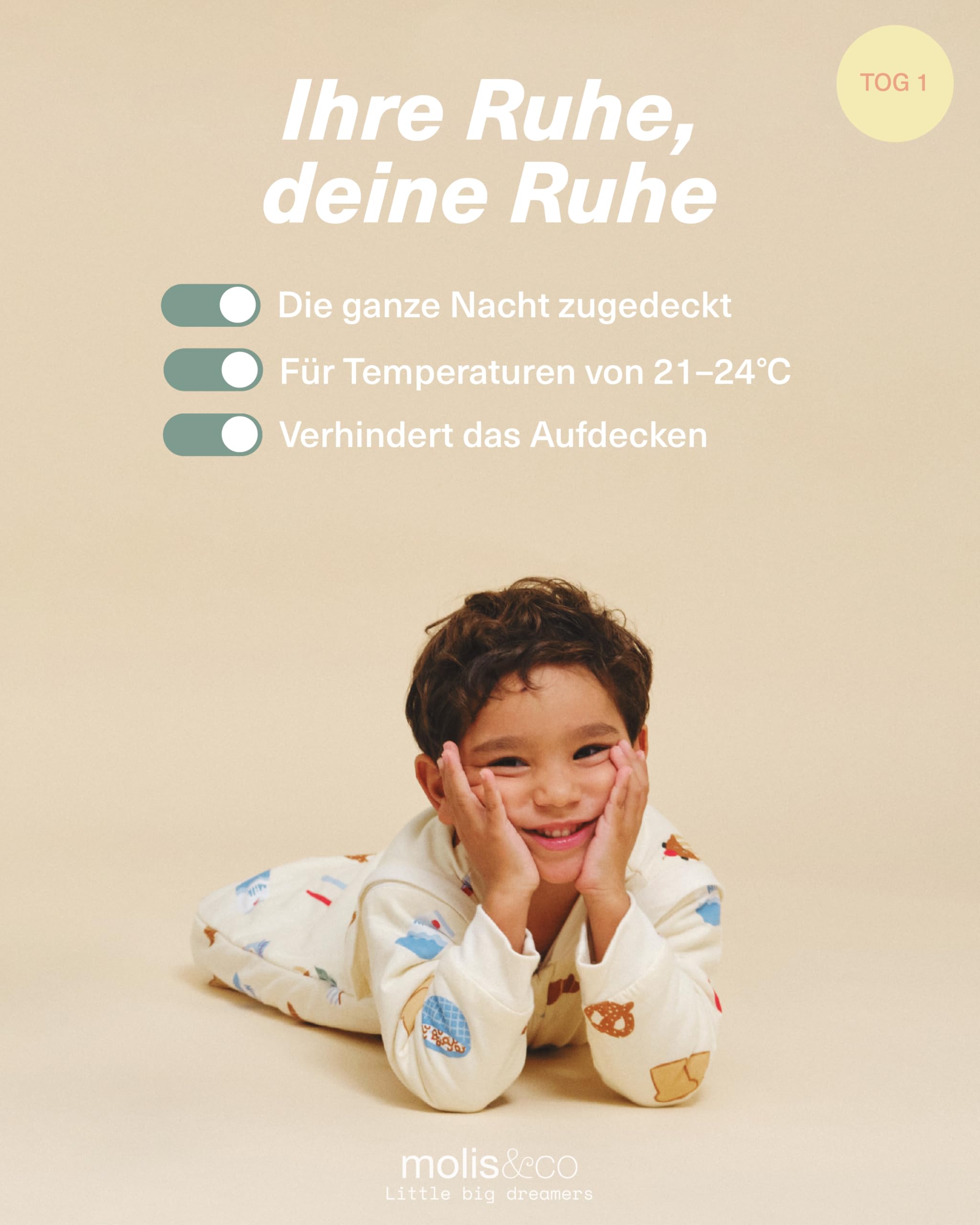 molis&co - Baby Schlafsack mit Füßen, abnehmbare Ärmel und Socken - Babyschlafsack 1 tog - Leicht gepolstert - 100% Baumwolle (Oeko-TEX 100), Premium Qualität - Good Morning (100 cm)