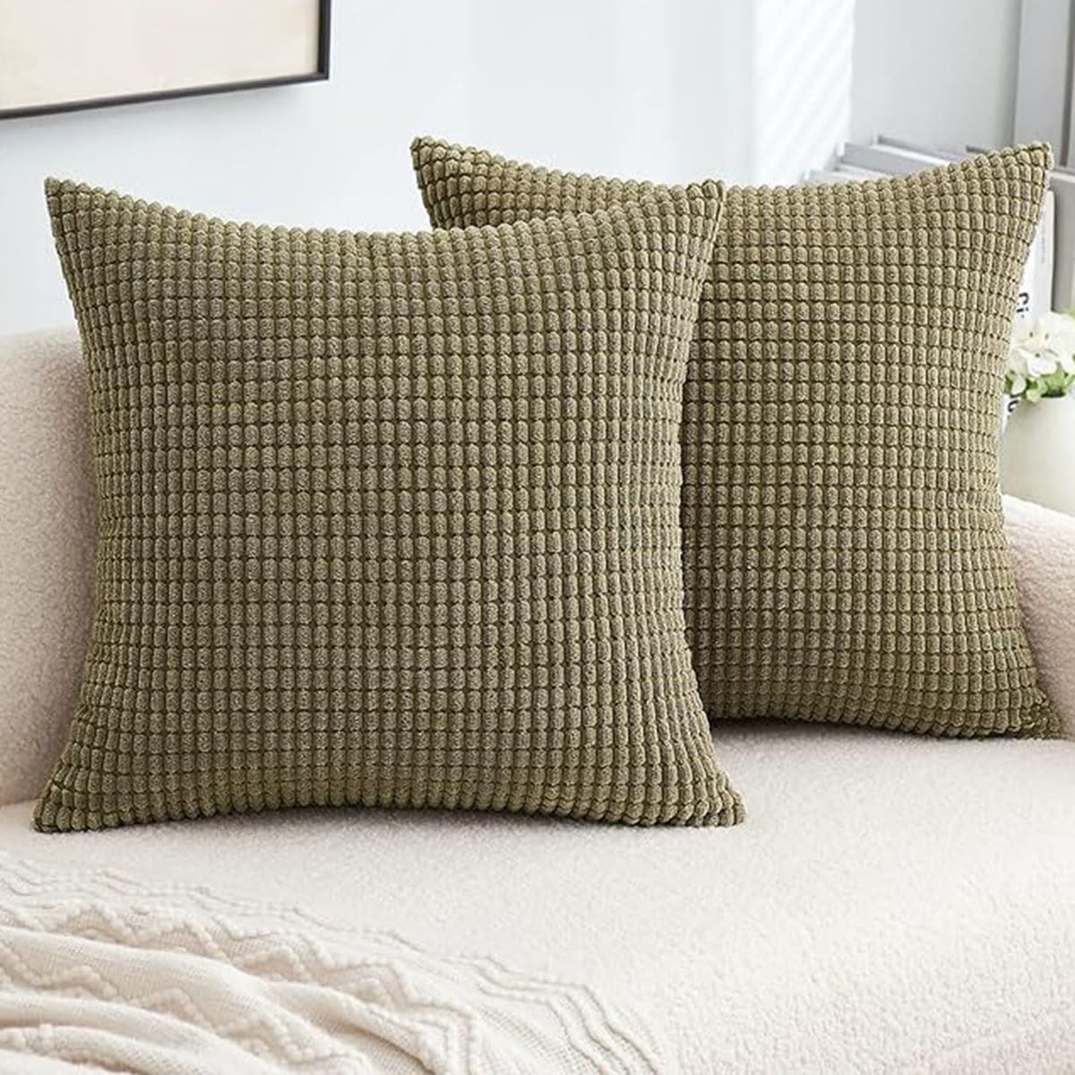 Swj-Swjssb Olive Throw Pillow Covers Pack Of 2 Pack Pillowcases Decorative Cushion Covers 50Cm X 50Cm,60Cm X 60Cm,Soft Corduroy Striped Pillows Protector For Living Room Couch Sofa Bed(,65X65 Cm (Pack Of 2))