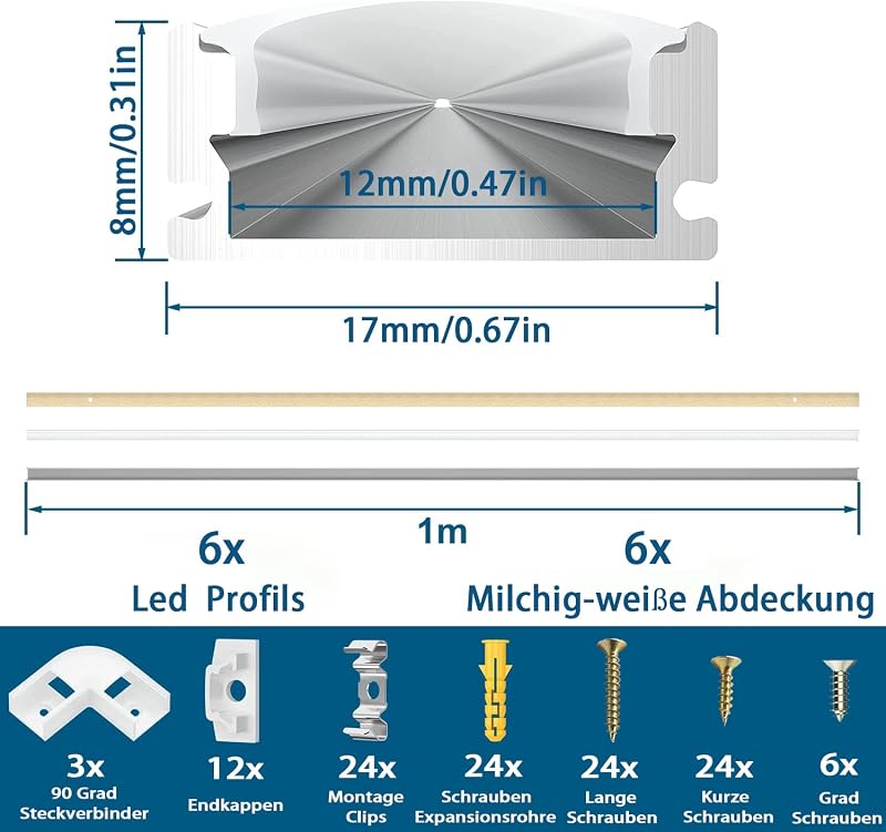 Chesbung LED Alumínium Profil Szett - 6x1m U-alakú Sarokprofil LED Szalagokhoz, Tejfehér Diffúzorral, 90 Fokos Sarokcsatlakozókkal, Indirekt