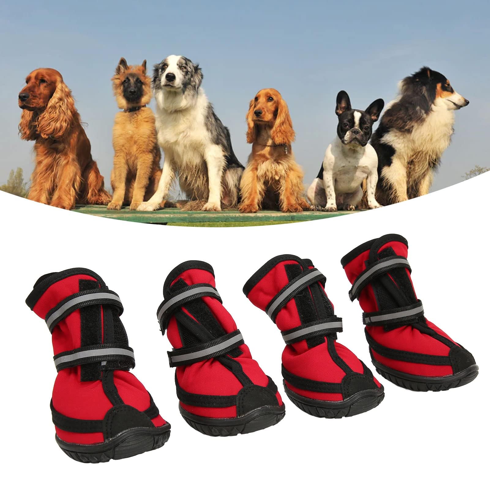 Pssopp Wanderschuhe für Hunde, 4 Stück, Verbundstruktur, Gummi, rutschfeste Stiefelsohle, Hundestiefel für Spaziergänge im Freien (Größe XL, Rot)