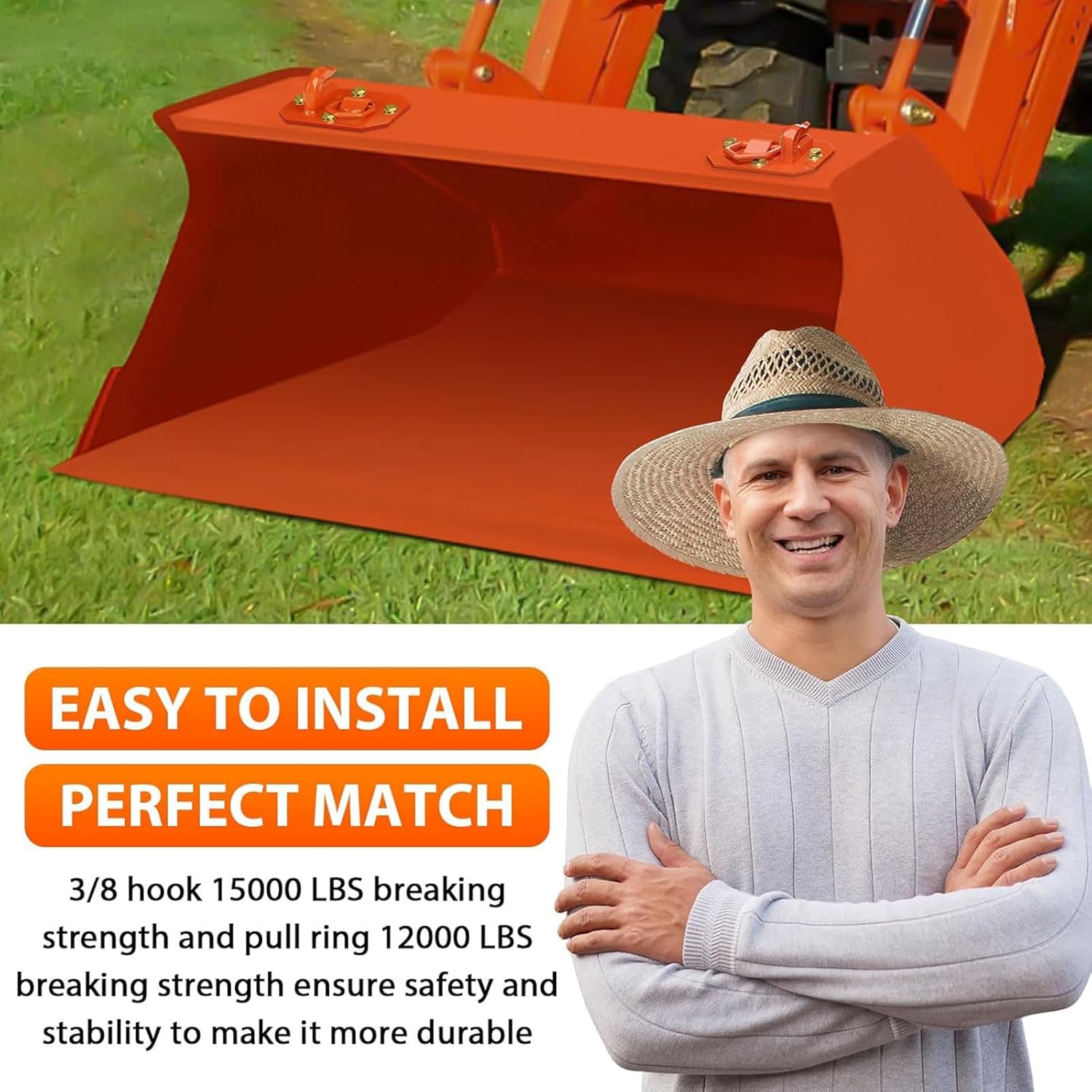 2 Pack 3/8" Tractor Bucket Hooks with D Ring, Grade 70 Forged Steel Bolt On Grab Hook for Tractor Bucket Compatible with Kubota, John Deere, Kiot, RV, UTV, Truck, Max 15,000 lbs,Orange