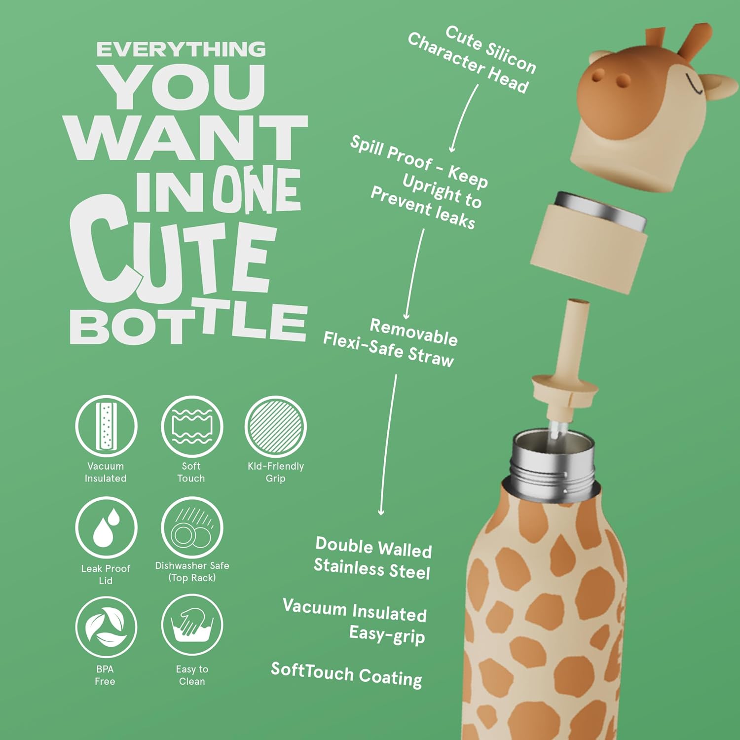 asobu Bestie Bottle Insulated Stainless Steel Water Bottle with Detachable Soft Animal Head Fun Drinking For Kids and Teens16 Ounce with Flexible Reusable Straw (GIRAFFE) - Image 3