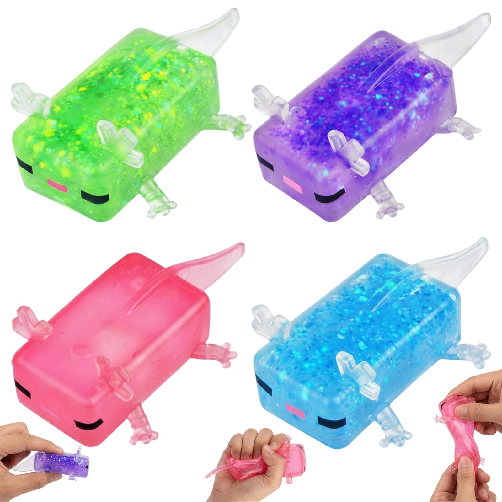 KhgFov Axolotl Squishy Fidget,4pcs Cute Glitter Axolotl Stress Ball,Sugar Squishy,Kawaii Animal for for Desk Play for Party and Birthday Gift, for Adults Ideal