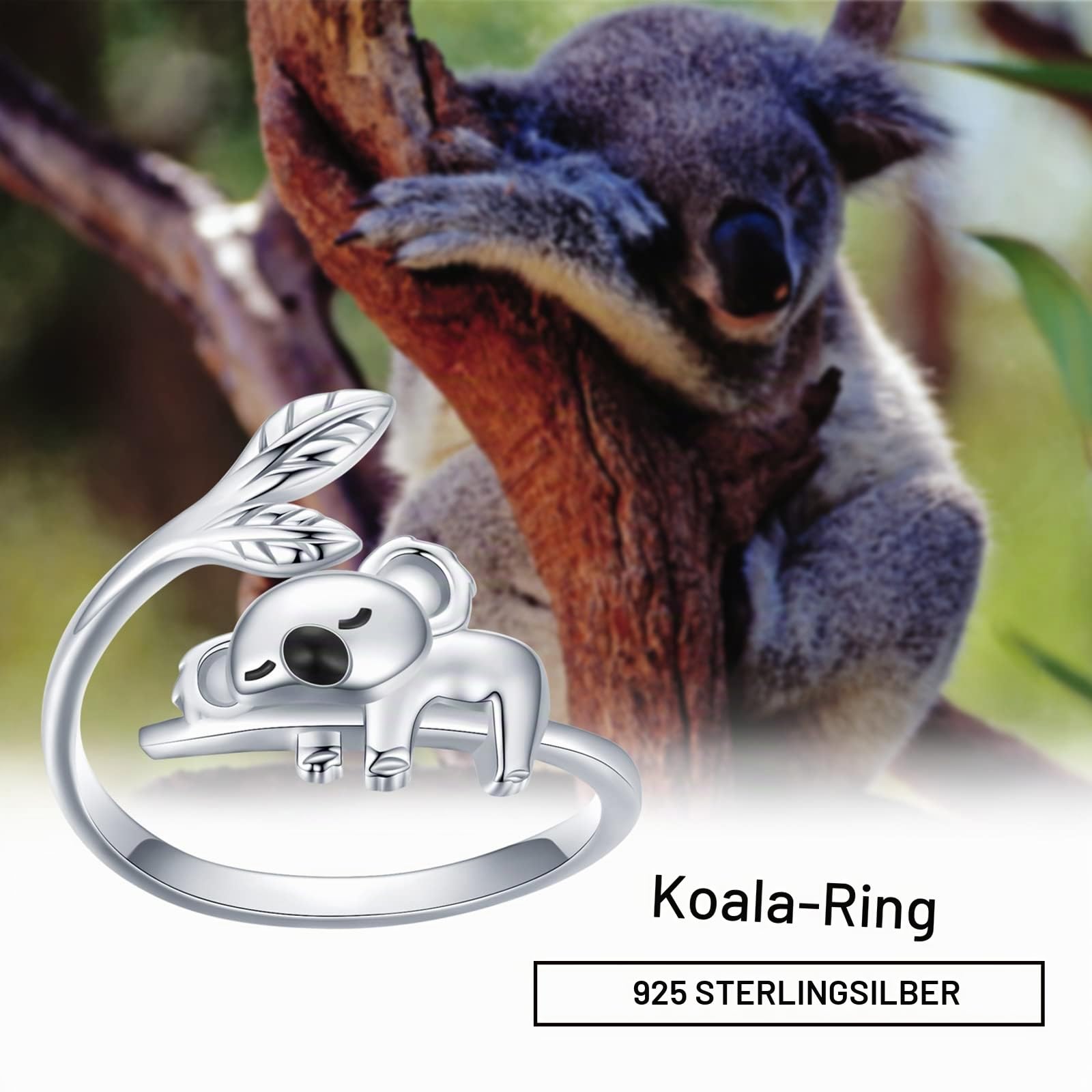 Koala Ring für Damen 925 Sterling Silber Koala Bär Verstellbarer Offener Ring Niedlicher Tier Schmuck Koala Geschenke für Mädchen