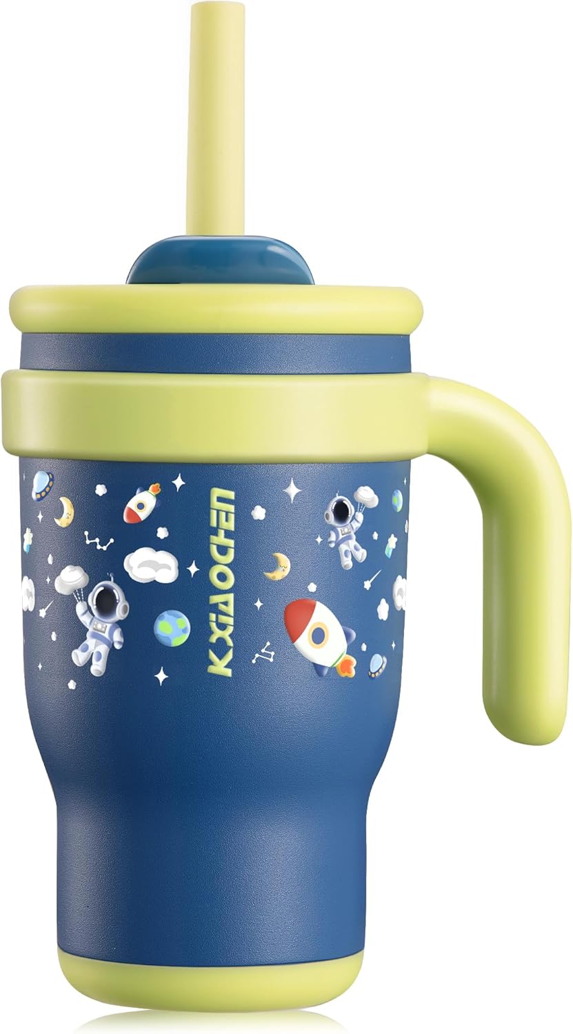 KXIAOCHEN Toddler Tumbler With Straw Spill Proof 14 Oz, Kids Tumbler With Handle Insulated Stainless Steel BPA-Free Keeps Drinks Cold up to 24 Hrs for Travel Cup Holders Outdoors, Navy Blue Spaceman