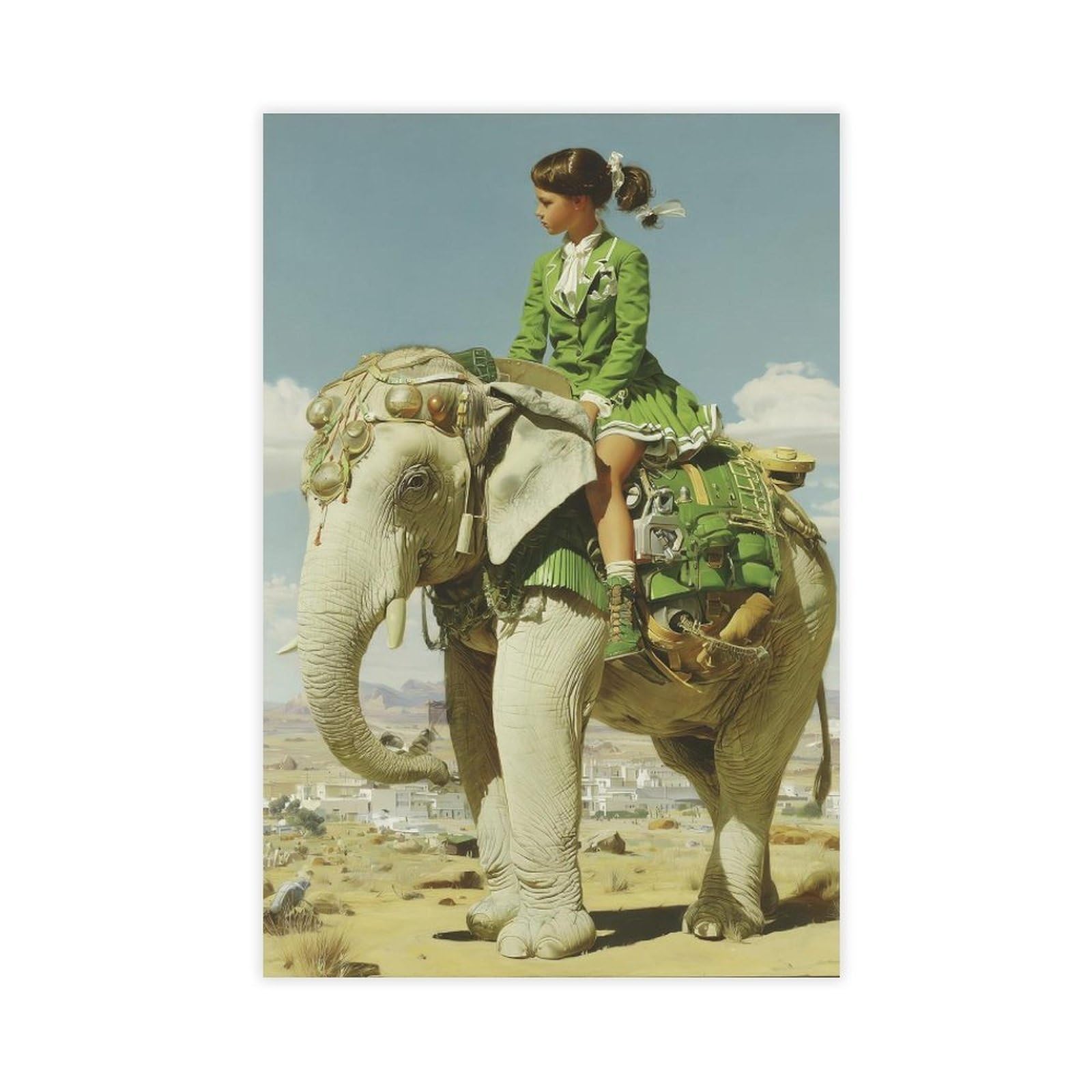 Poster su tela con elefante che cavalca una ragazza