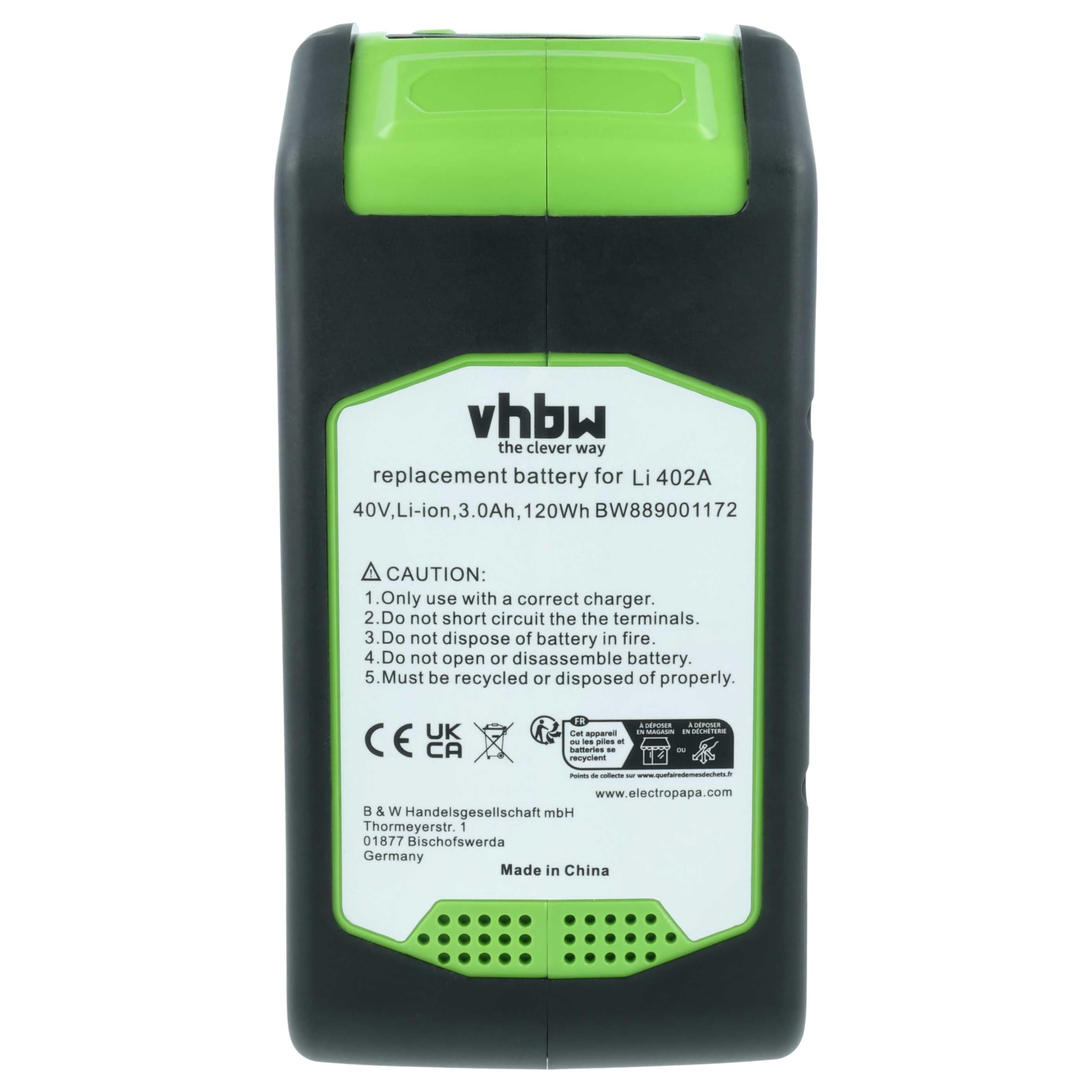 vhbw Batería Compatible con Greenworks 40V 12, 40V 14, 40V 15, 40V 16, 40V 17, 40V 19, 2605302 Herramienta de jardín cortacésped 3000mAh 40V Li-Ion