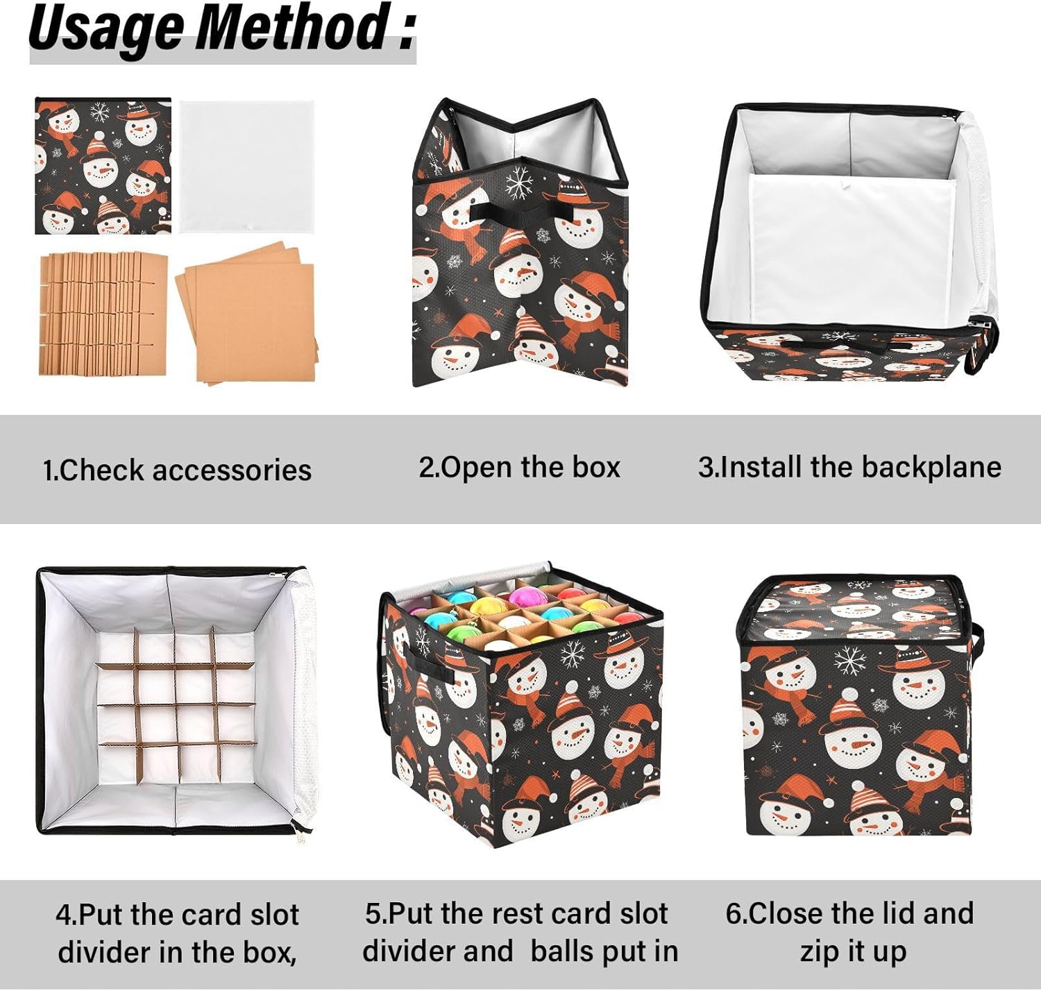 High Capacity Christmas ornament storage Holds Up to 64, Adjustable Dividers Holiday Storage Case with Lid,before Christmas Snowman Orange Black