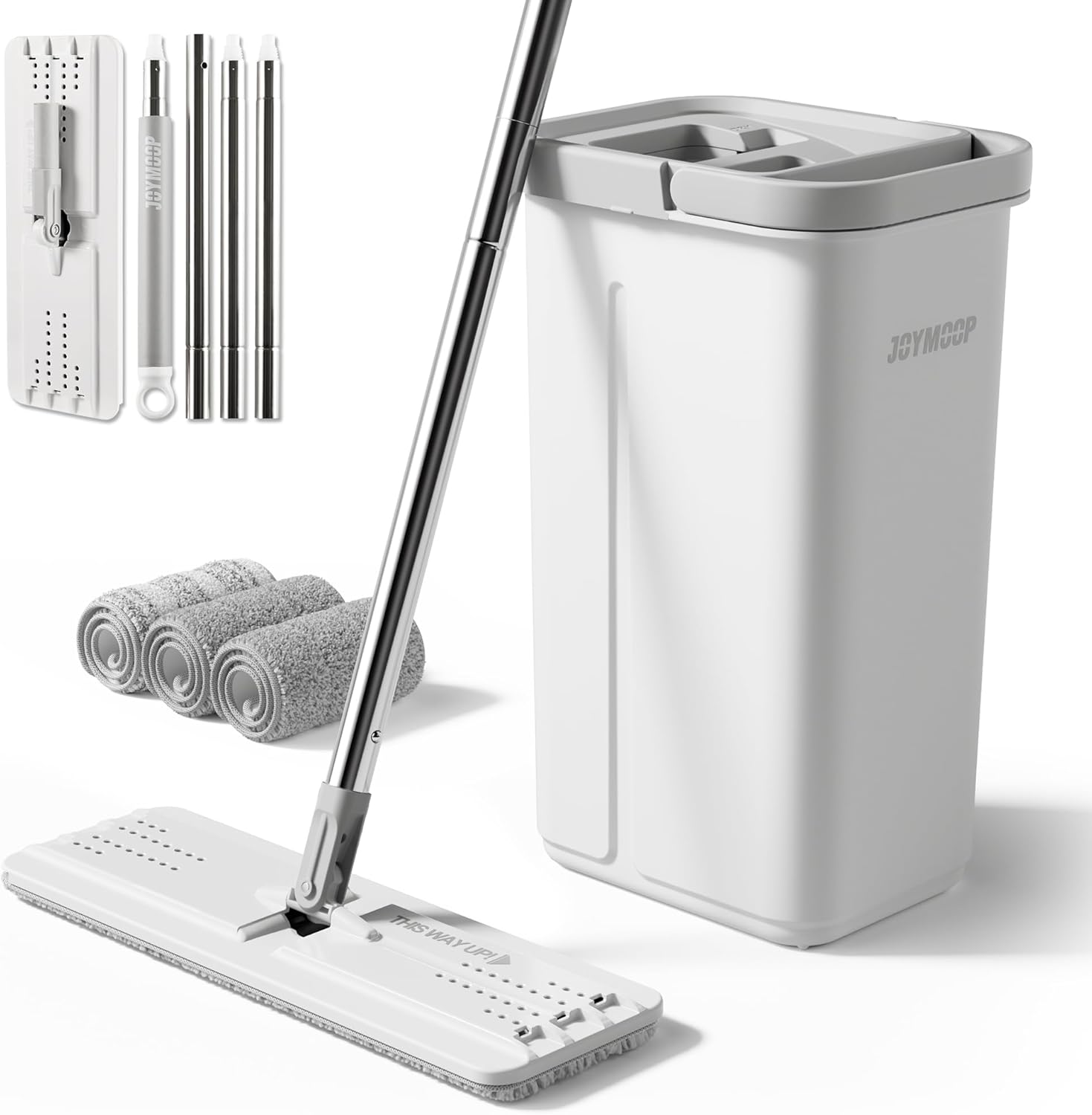 JOYMOOP Mops and Bucket with Wringer Set with 50" Mop Handle with Flexible 13" Flat Head with Flat Mop