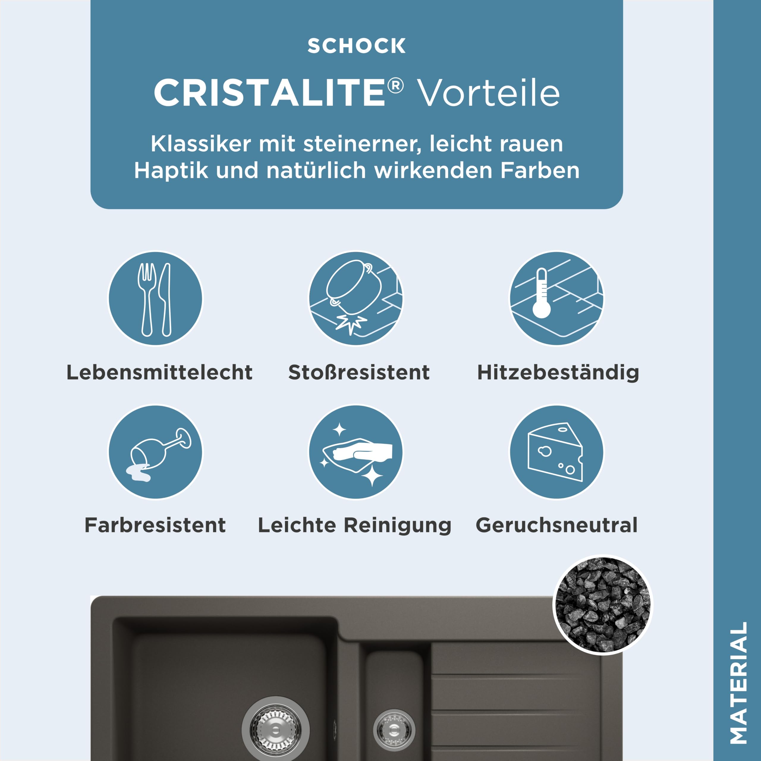 SCHOCK Küchenspüle Typos D-150S Asphalt 86x43,5 cm | Granitspüle aus CRISTALITE Grau mit Becken und Abtropffläche | Einbauspüle für 60 cm Unterschrank | Pflegeleicht und robust durch Quarzkomposit