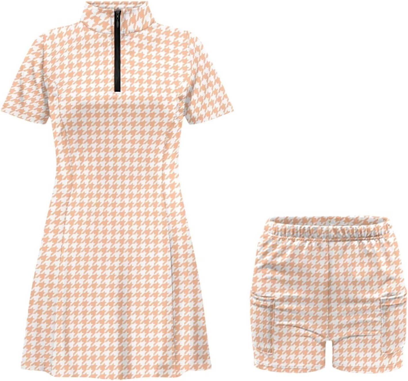 Women's Short Sleeve Golf Tennis Dress with Inner Shorts Pockets for Workout Exercise Half Zip Collar Athletic Dress