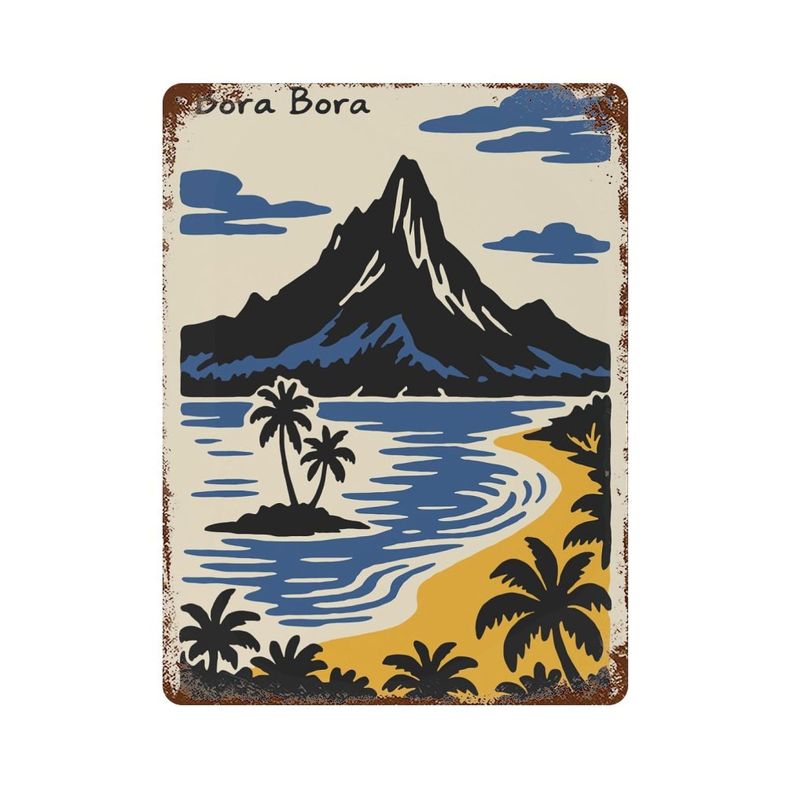 Weathered Tin Sign with Bora Bora Island Landscape Illustration Design 15.7"x11.8", for Office, Studio And Wall Decor, Retro Wall Decor
