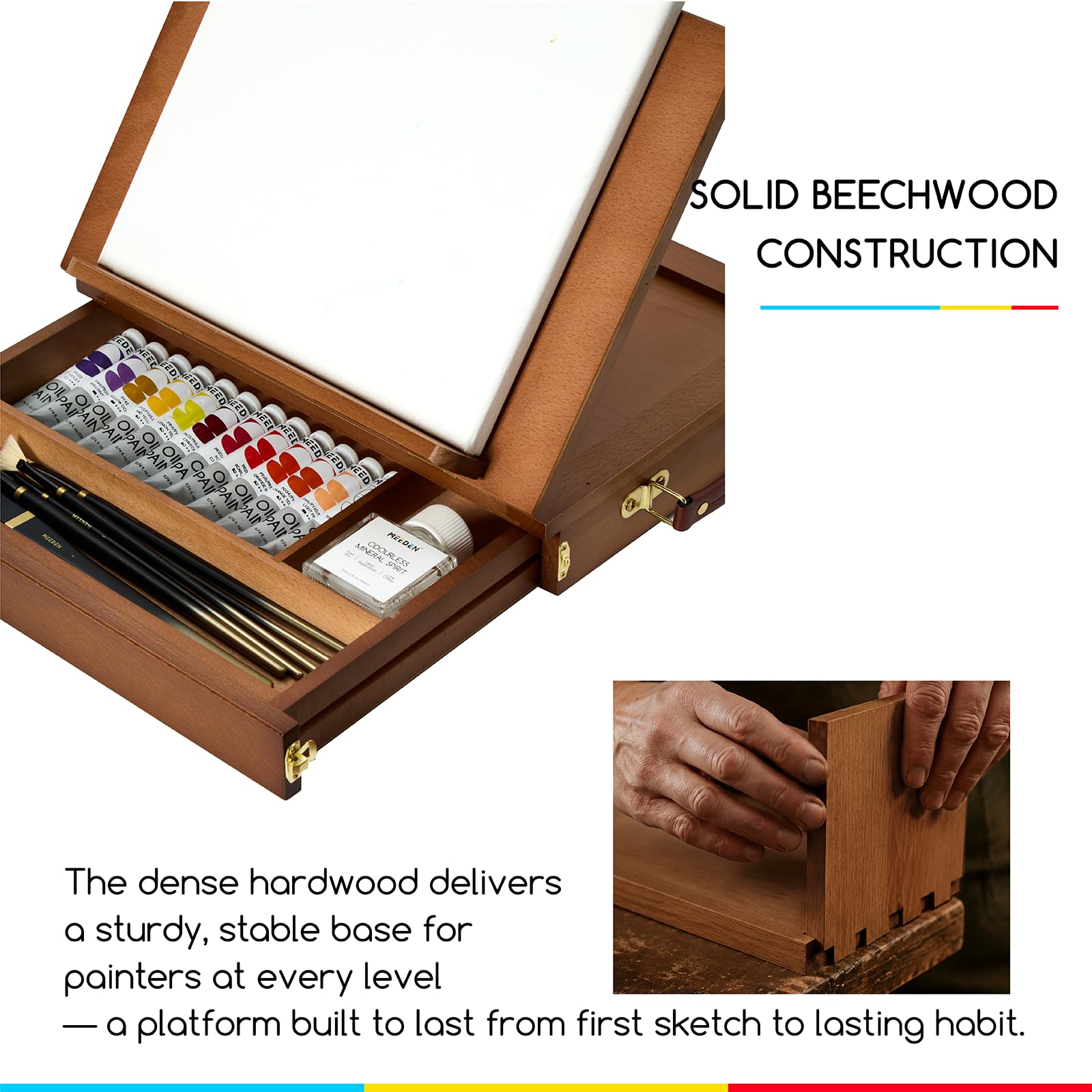 MEEDEN Tischstaffelei Box aus Holz, Portable Sketchbox aus Buchenholz mit Aufbewahrung, Verstellbarer Leinwand Ständer für Maler, Künstler und Anfänger, Nussbaumfarben