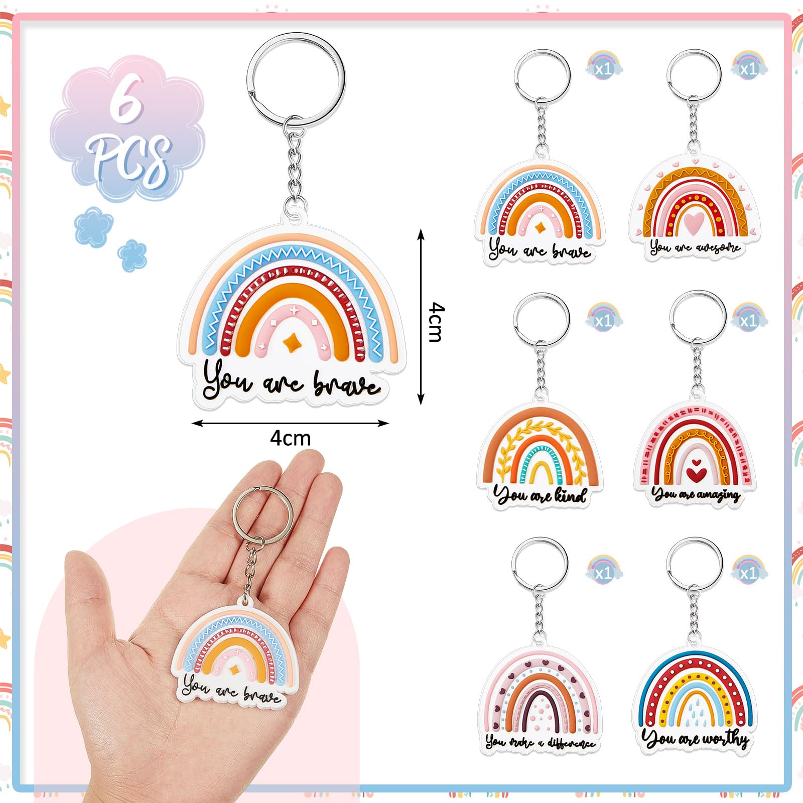 Ecally 6 Pcs Teacher's Day Keychain Appreciation Gift Rainbow Keychain Bulk with Inspirational Quote Boho Thank You Gift