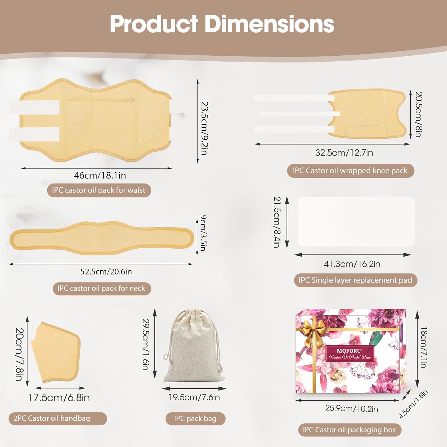 Detailed diagram showing the dimensions of each component of the castor oil pack, including waist, knee, neck, and hand packs, along with the storage bag and packaging box.