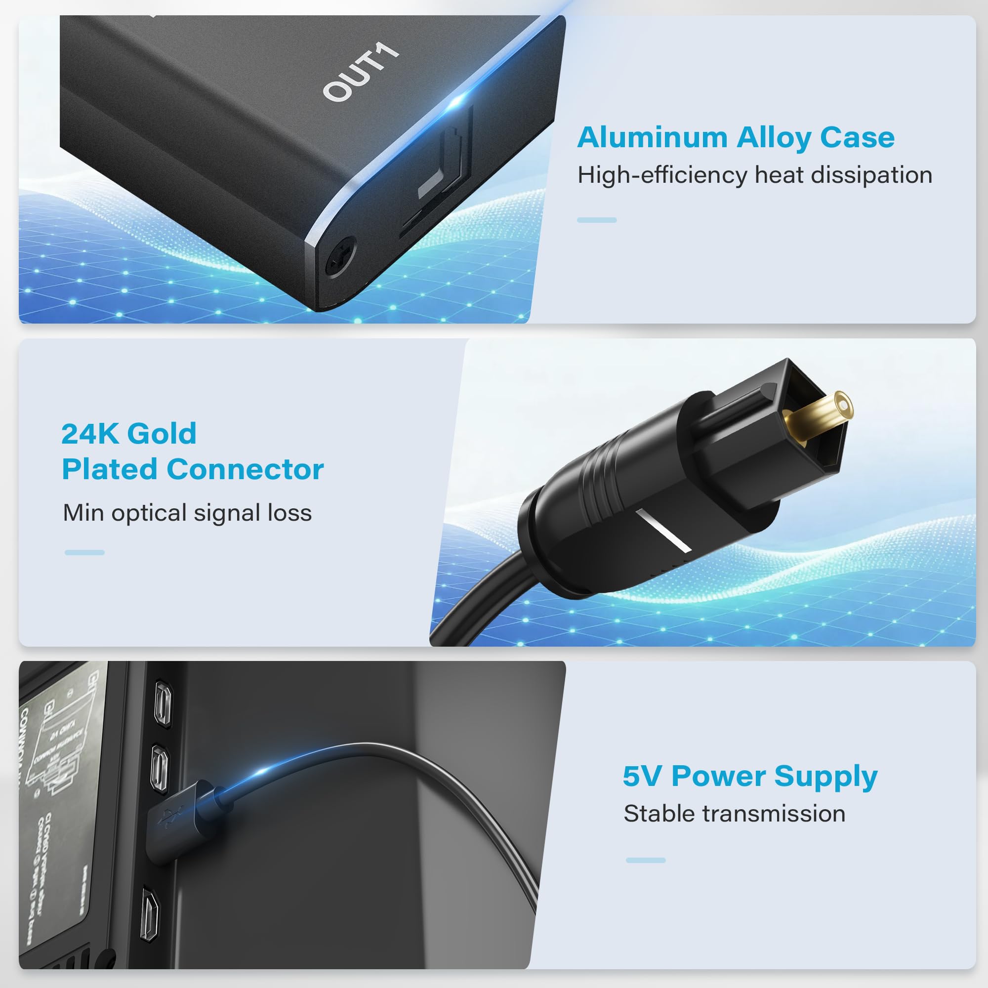 Sdoppiatore audio ottico digitale a 2 vie, 1 ingresso e 2 uscite, Toslink SPDIF in fibra ottica con alimentazione USB, LPCM 2.0, PCM, Dolby, DTS 5.1 per HDTV, Home Theater, Soundbar, ricevitore