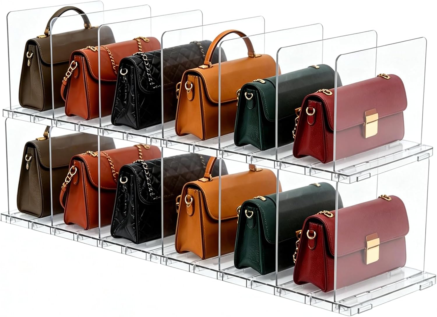 4 Pack Stackable Purse Organizer, Clear Plastic Storage Rack with Adjustable Layer Design, Multi-purpose Divider Holder for Handbag Wallet Notebook Towel, Suitable for Closet Home Interior Space