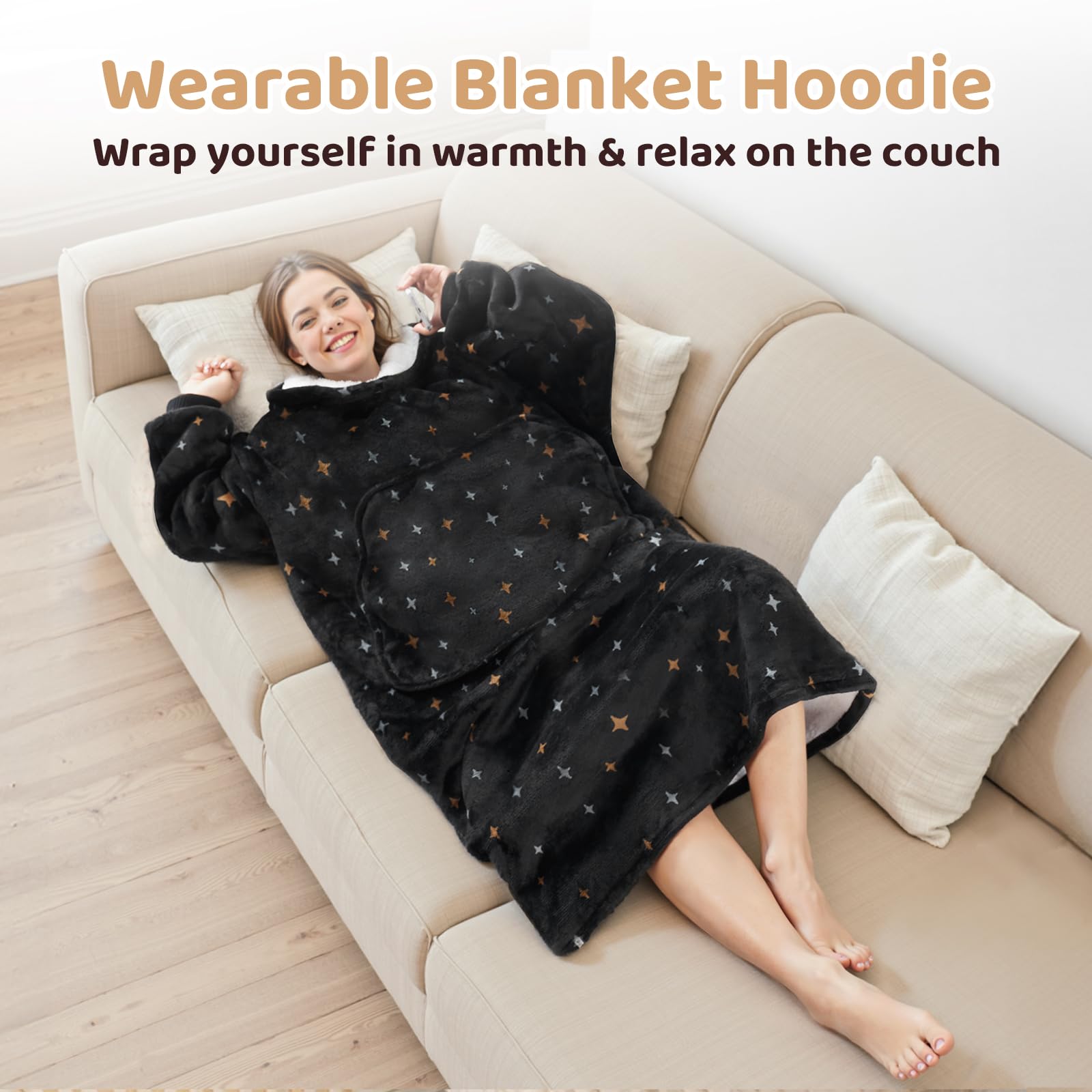 Mewaii Extra Long Oversized Wearable Blanket Hoodie, Super Soft Warm Cozy Flannel Sherpa Hooded Sweatshirt with Giant Pocket - Image 2