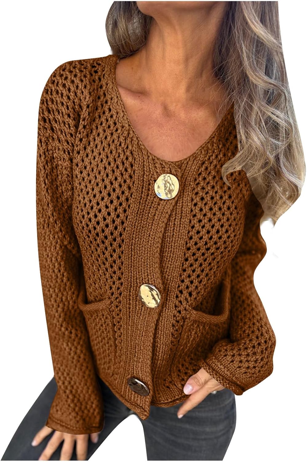 Womens Cropped Cardigan Sweaters Gold Button Down Chunky Knit Sweater Long Sleeve Open Front Fall Crochet Cardigans