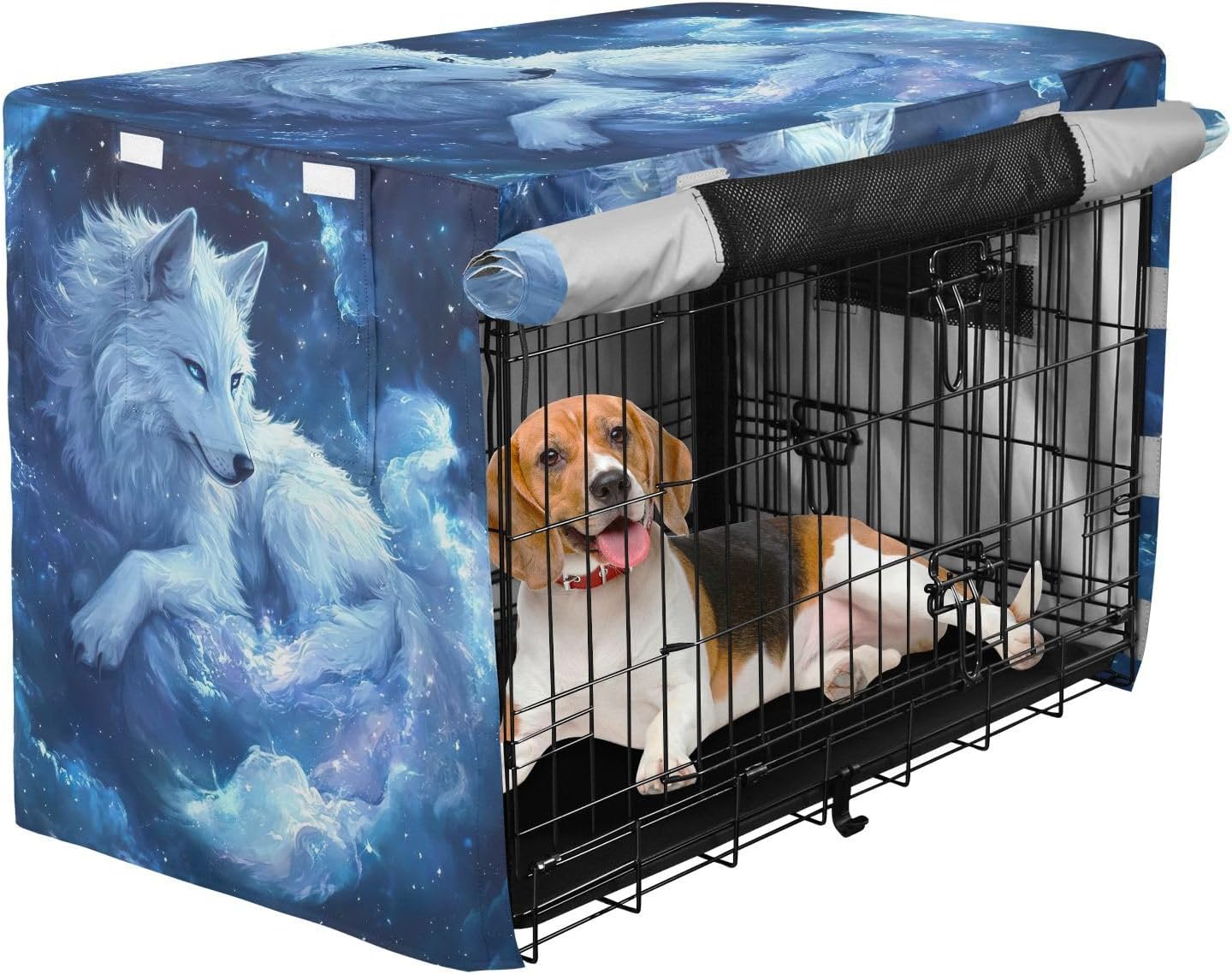White Wolf Blue Dog Crate Covers Universal Size Fit, Pet Kennel Cover with Mesh Windows, Large