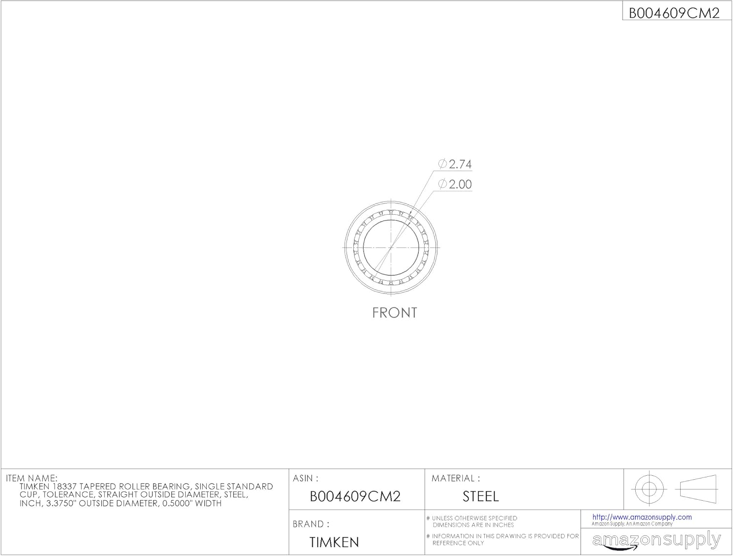 TIMKEN 18337 Tapered Roller Bearing, Single Cup, Standard Tolerance, Straight Outside Diameter, Steel 0.060" Max Housing Fillet Radius
