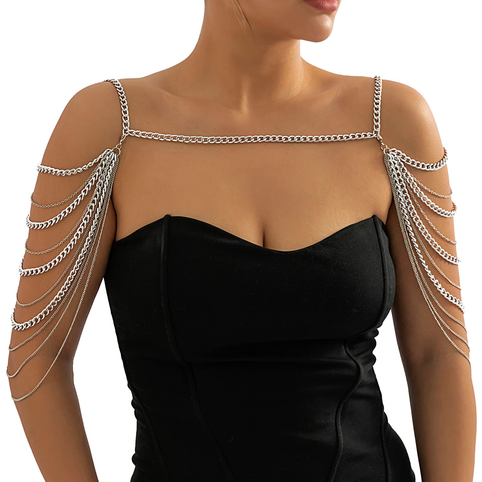 Summer Beach Punk Shoulder Body Chain Multi-Layered Back Chain Bikini Metal Tassel Arm Chain Statement Bridal Wedding Backdrop Necklace Body Chain Jewelry for Women